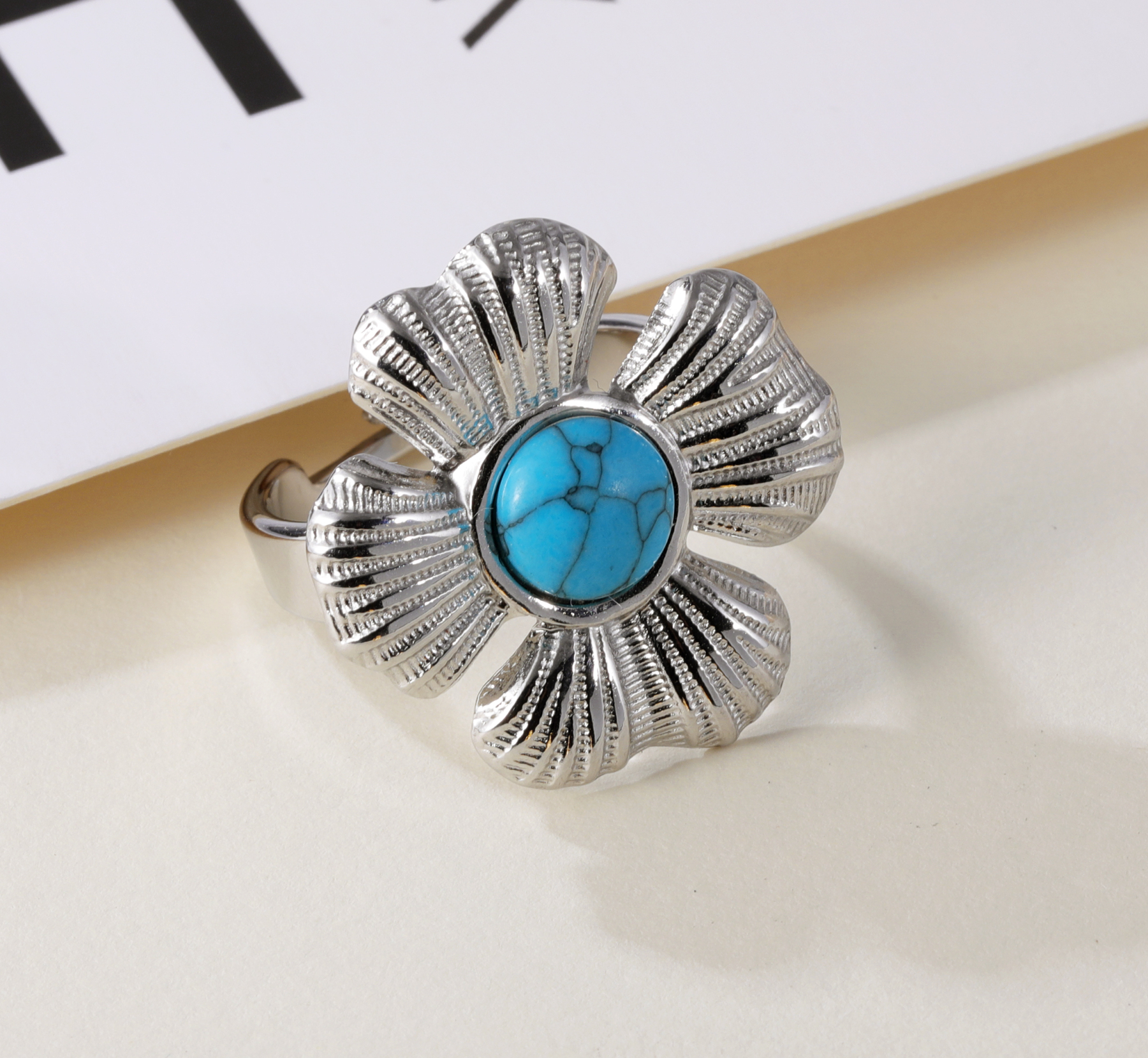 Vintage Flower Design Pearl Natural Stone Embellished Stainless Steel Adjustable Women's Ring | G005542-JinBaoJewerly