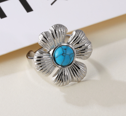 Vintage Flower Design Pearl Natural Stone Embellished Stainless Steel Adjustable Women's Ring | G005542-JinBaoJewerly