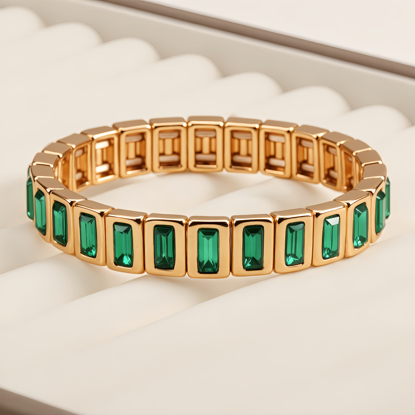 Gold Tone Emerald Cut Green Gemstone Link Bracelet