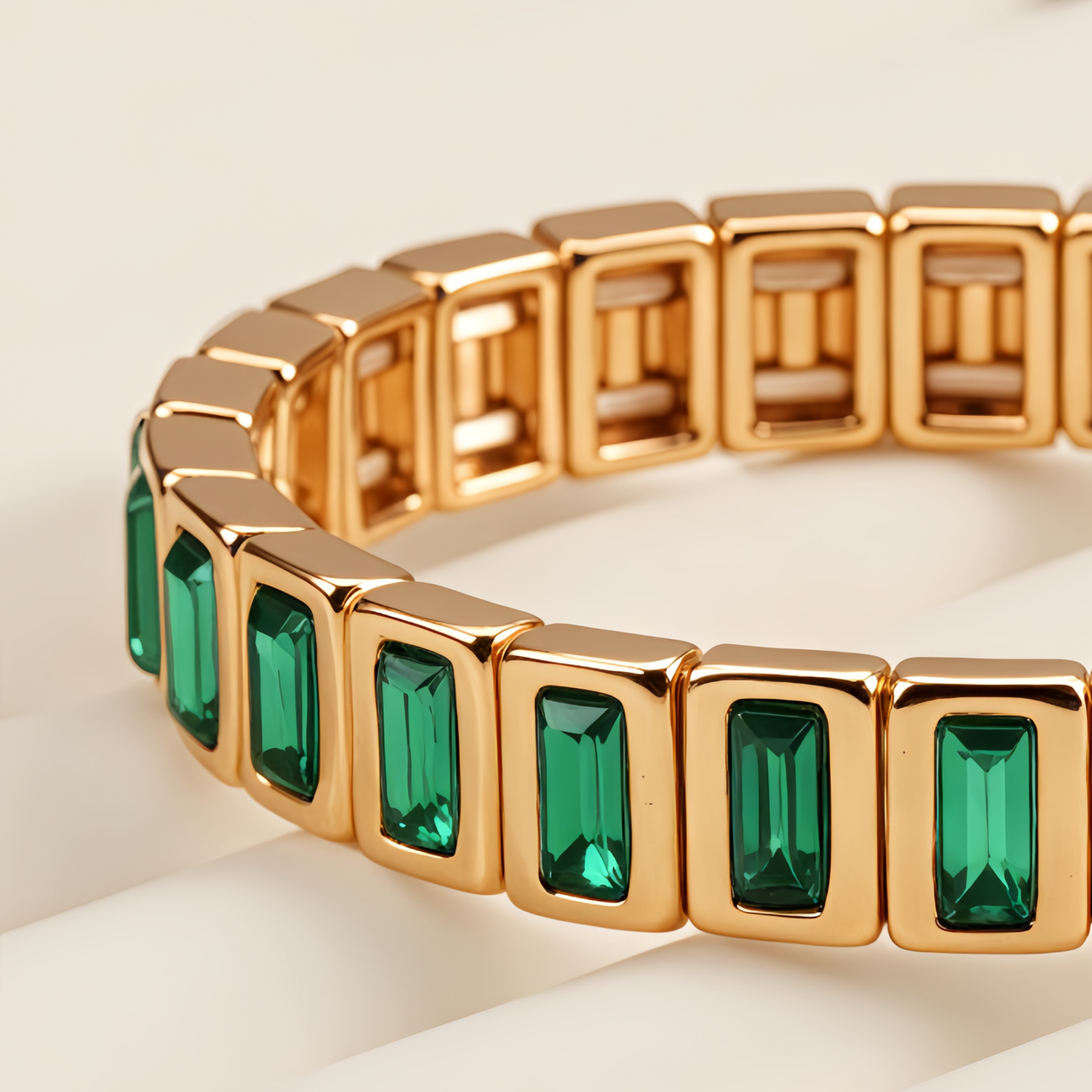 Gold Tone Emerald Cut Green Gemstone Link Bracelet