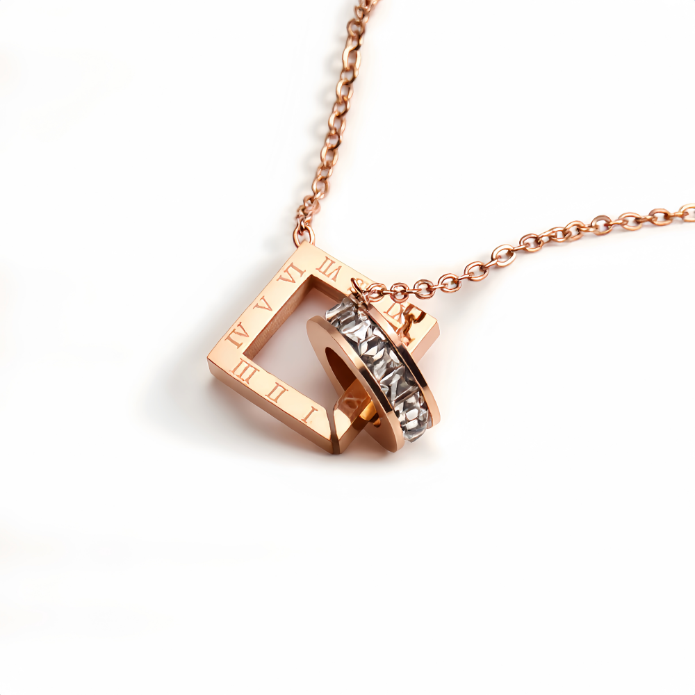 Rose Gold Interlocking Square and Ring Pendant Necklace