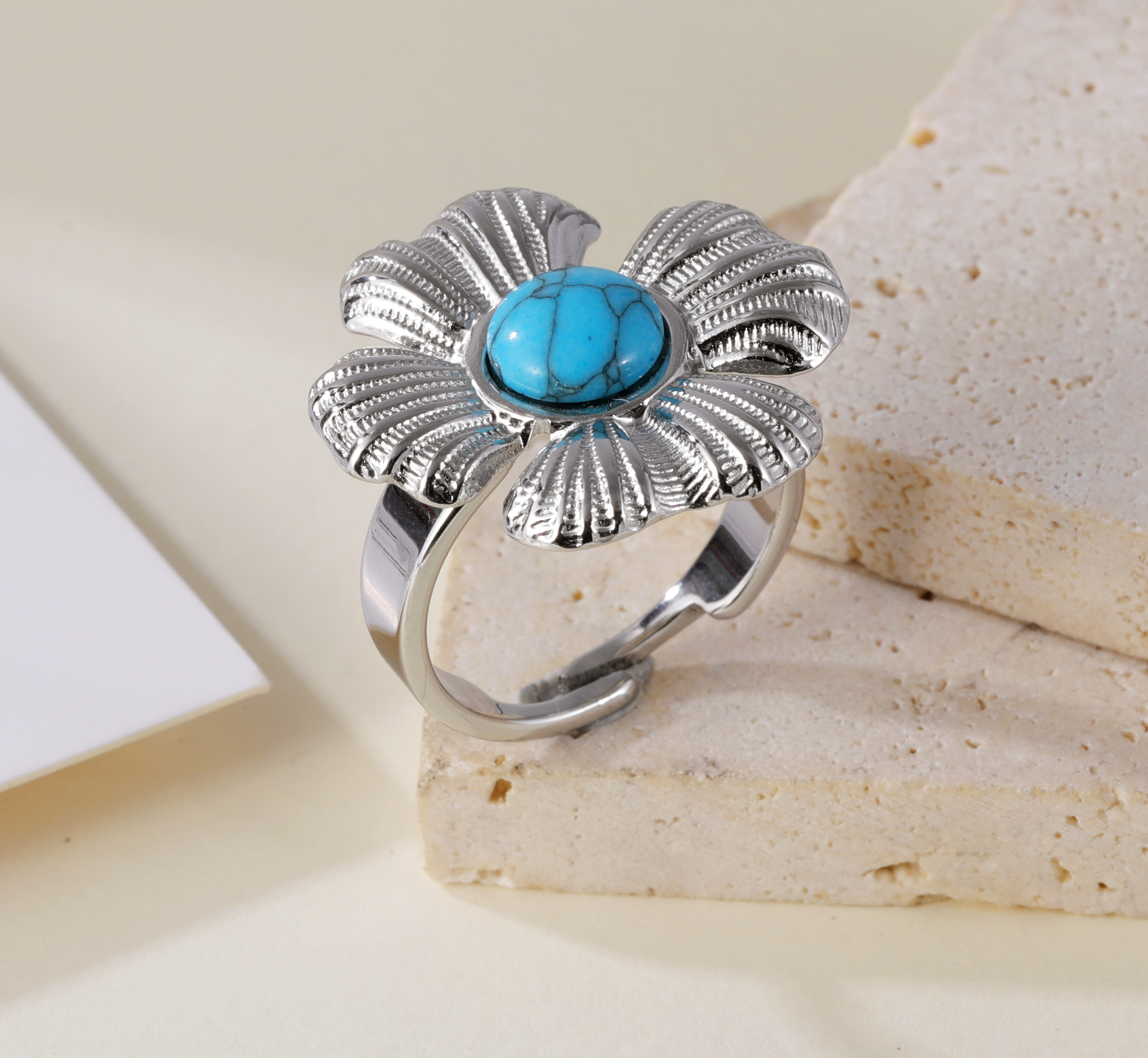 Vintage Flower Design Pearl Natural Stone Embellished Stainless Steel Adjustable Women's Ring | G005542-JinBaoJewerly