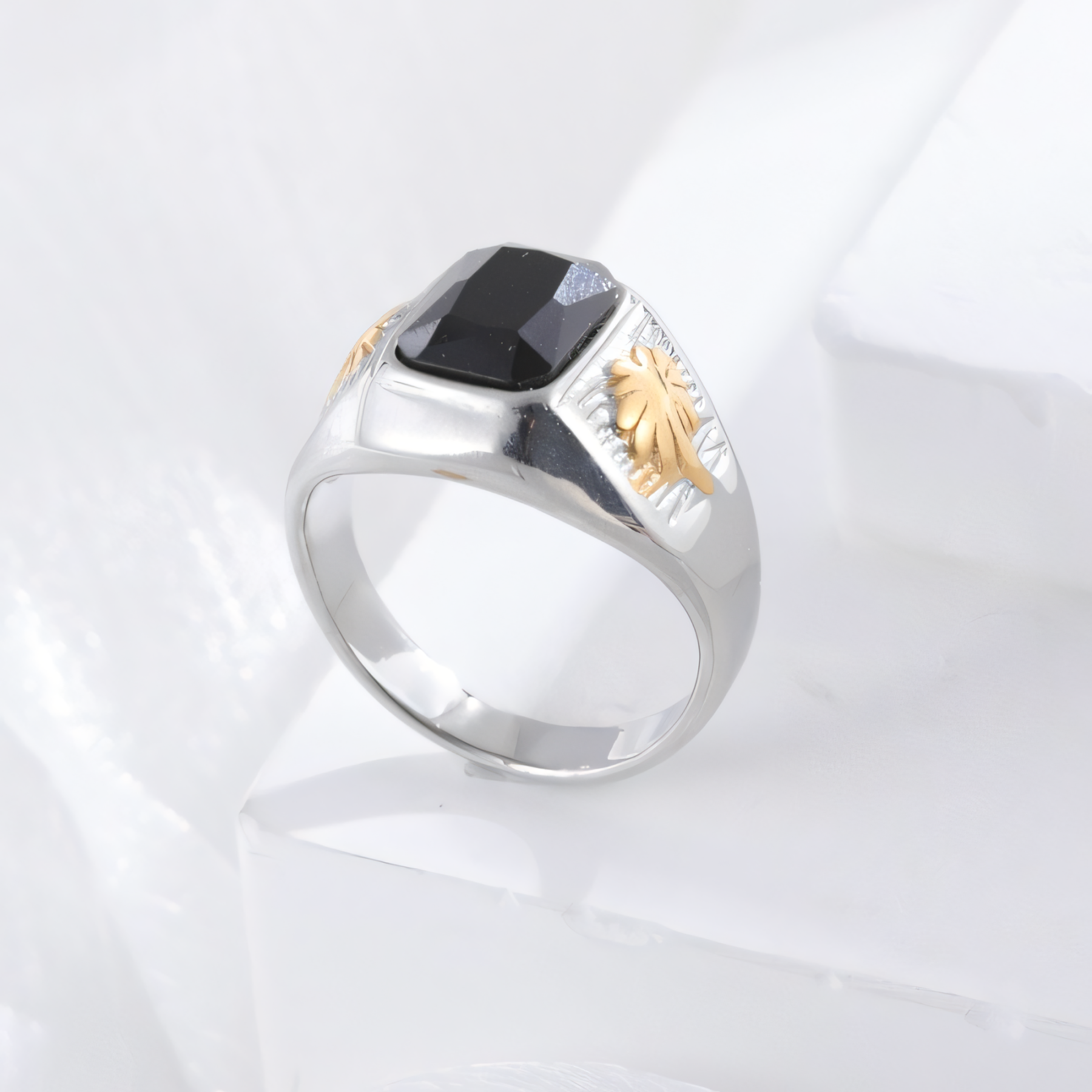 Classic Sunflower Black Gemstone Stainless Steel Ring for Men | K002789-JinBaoJewerly