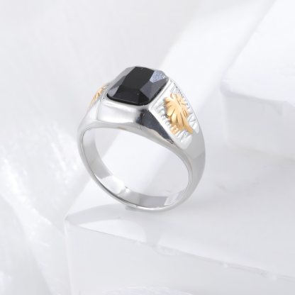 Classic Sunflower Black Gemstone Stainless Steel Ring for Men | K002789-JinBaoJewerly