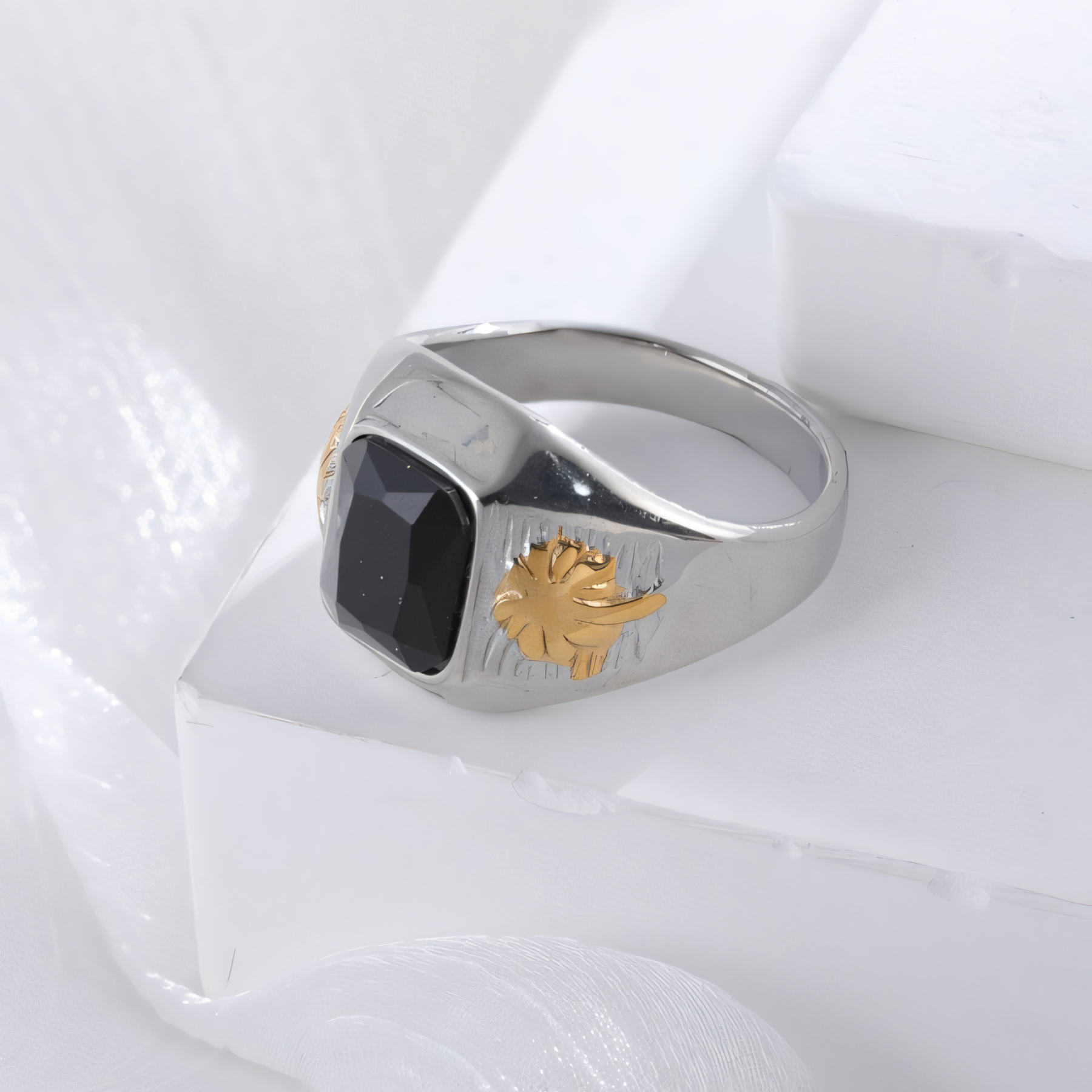 Classic Sunflower Black Gemstone Stainless Steel Ring for Men | K002789-JinBaoJewerly