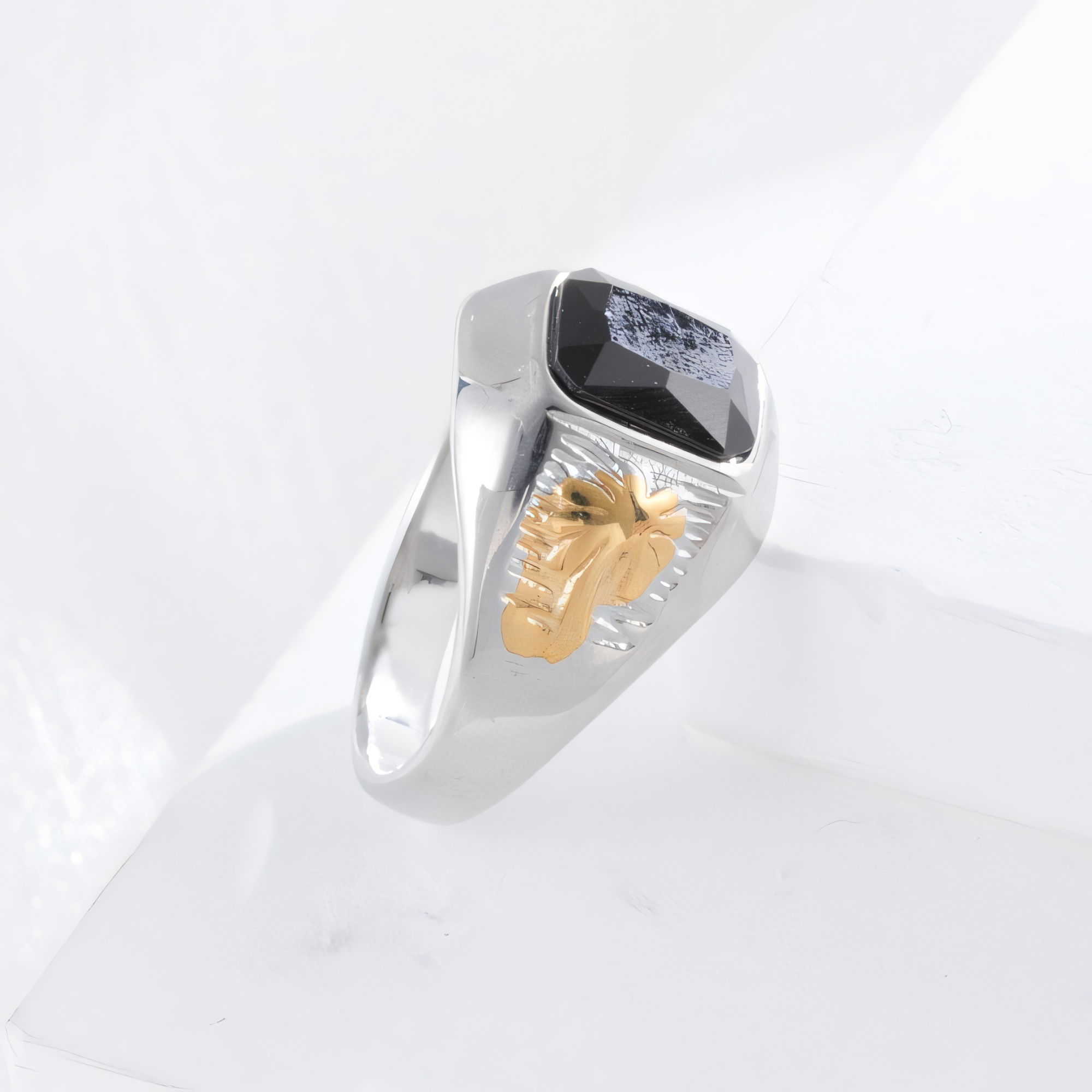 Classic Sunflower Black Gemstone Stainless Steel Ring for Men | K002789-JinBaoJewerly