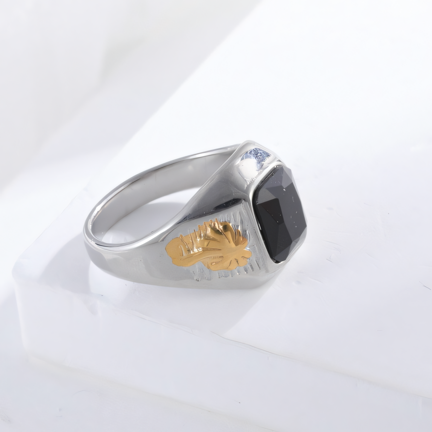 Classic Sunflower Black Gemstone Stainless Steel Ring for Men | K002789-JinBaoJewerly