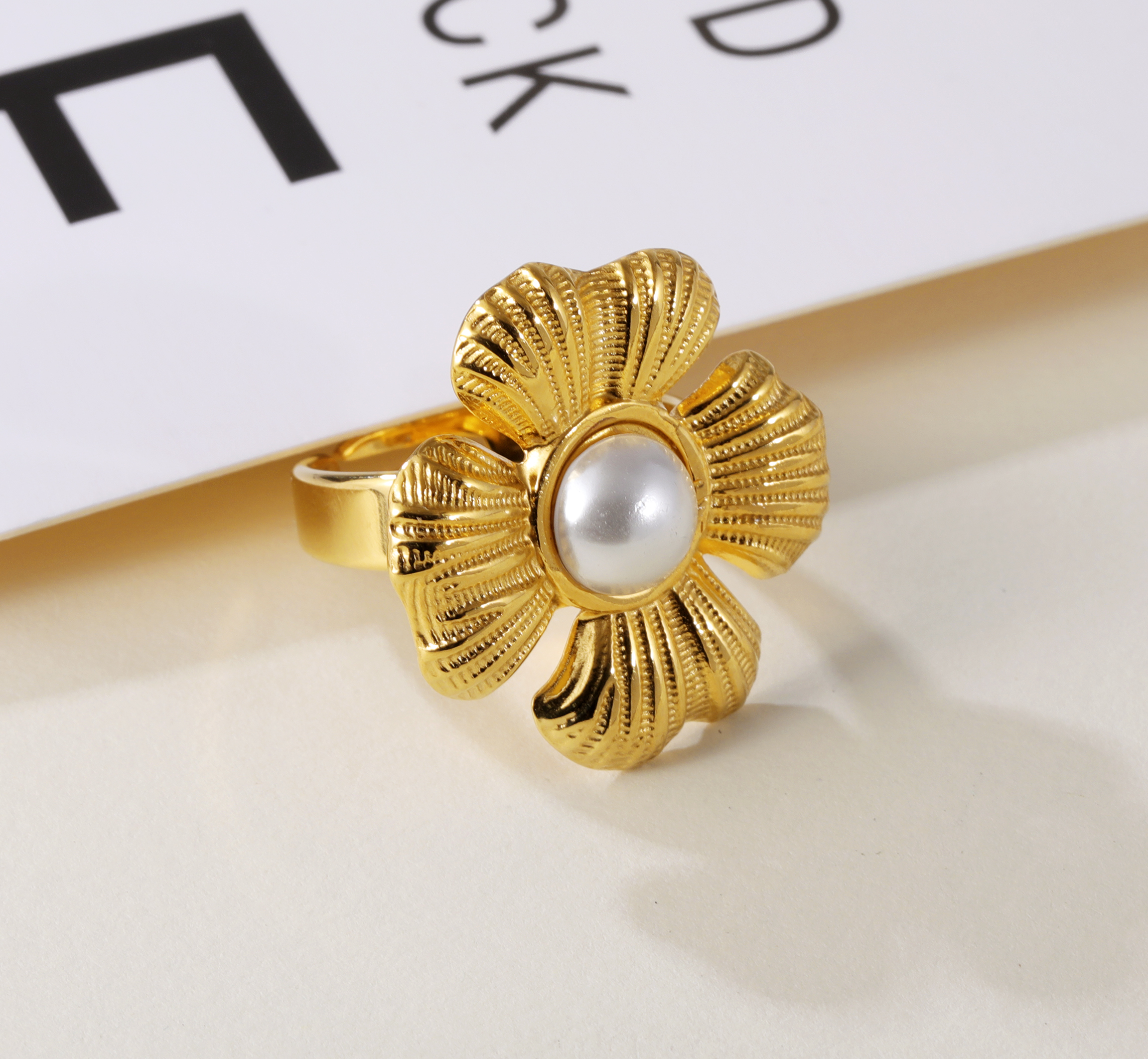 Vintage Flower Design Pearl Natural Stone Embellished Stainless Steel Adjustable Women's Ring | G005542-JinBaoJewerly