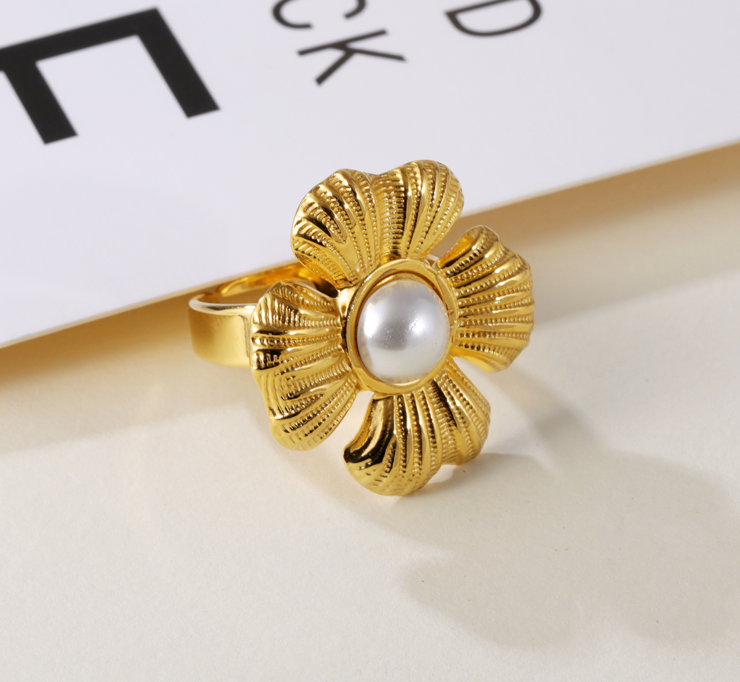 Vintage Flower Design Pearl Natural Stone Embellished Stainless Steel Adjustable Women's Ring | G005542-JinBaoJewerly