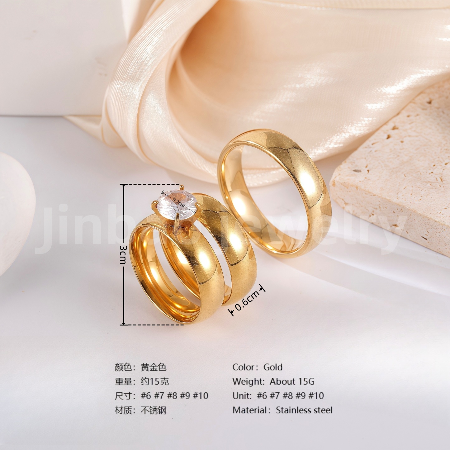 3 pc His & Her Wedding Ring Set Hypoallergenic 24k Gold, Cubic Zirconia, Size 6-10-JinBaoJewerly