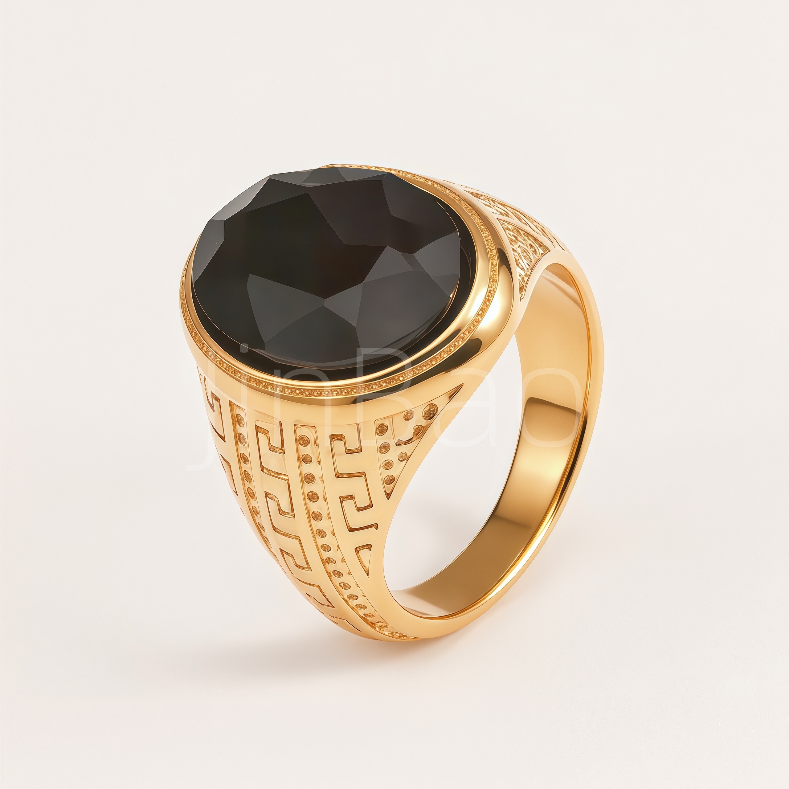 Vintage Carved Black Onyx Stainless Steel Men Finger Ring