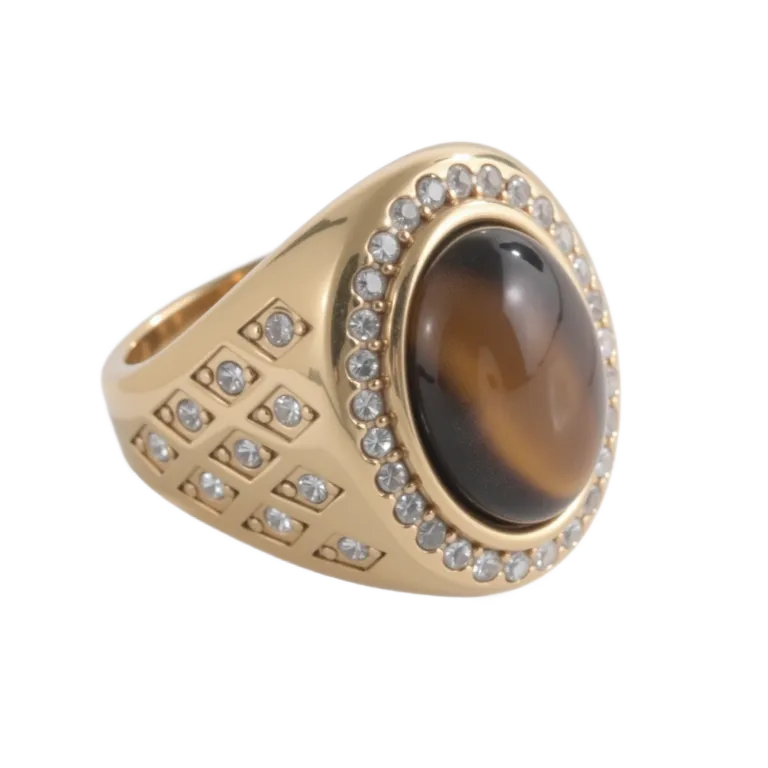 【单款-无货】Luxurious Gold Tiger Eye Stone Inlaid Diamond Stainless Steel Men's Ring | BL869-JinBaoJewerly