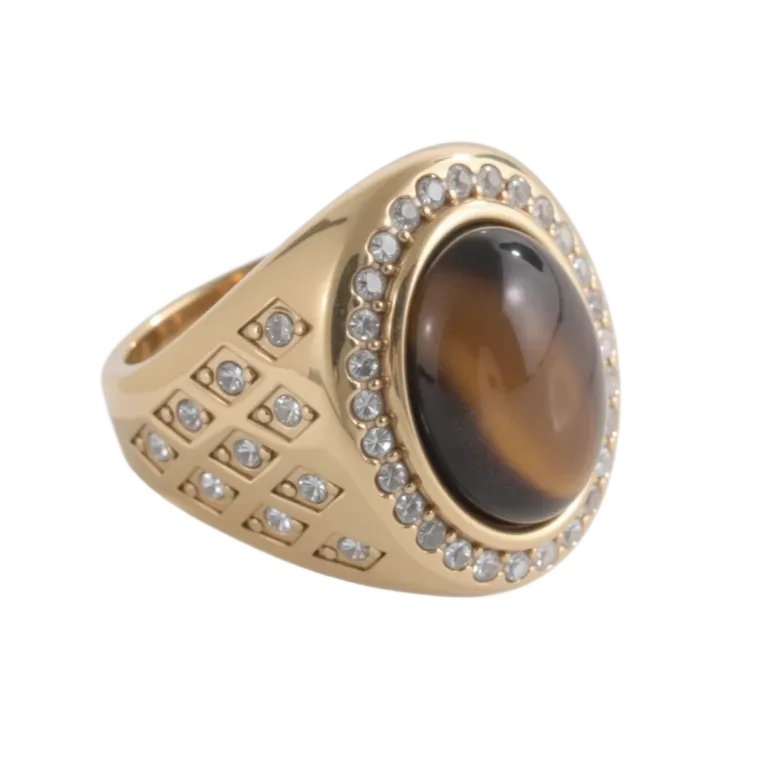 【单款-无货】Luxurious Gold Tiger Eye Stone Inlaid Diamond Stainless Steel Men's Ring | BL869-JinBaoJewerly