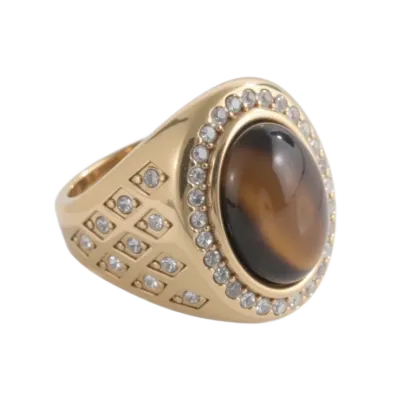【单款-无货】Luxurious Gold Tiger Eye Stone Inlaid Diamond Stainless Steel Men's Ring | BL869-JinBaoJewerly