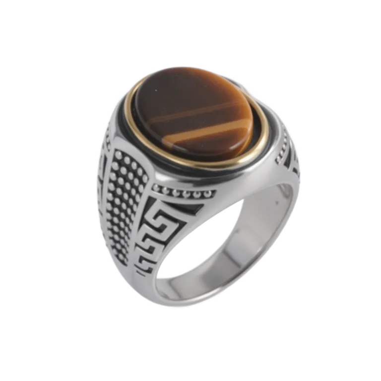 【单款无库存】Vintage Tiger Eye Stone Ring Men's Stainless Steel Unique Design | K00692-JinBaoJewerly