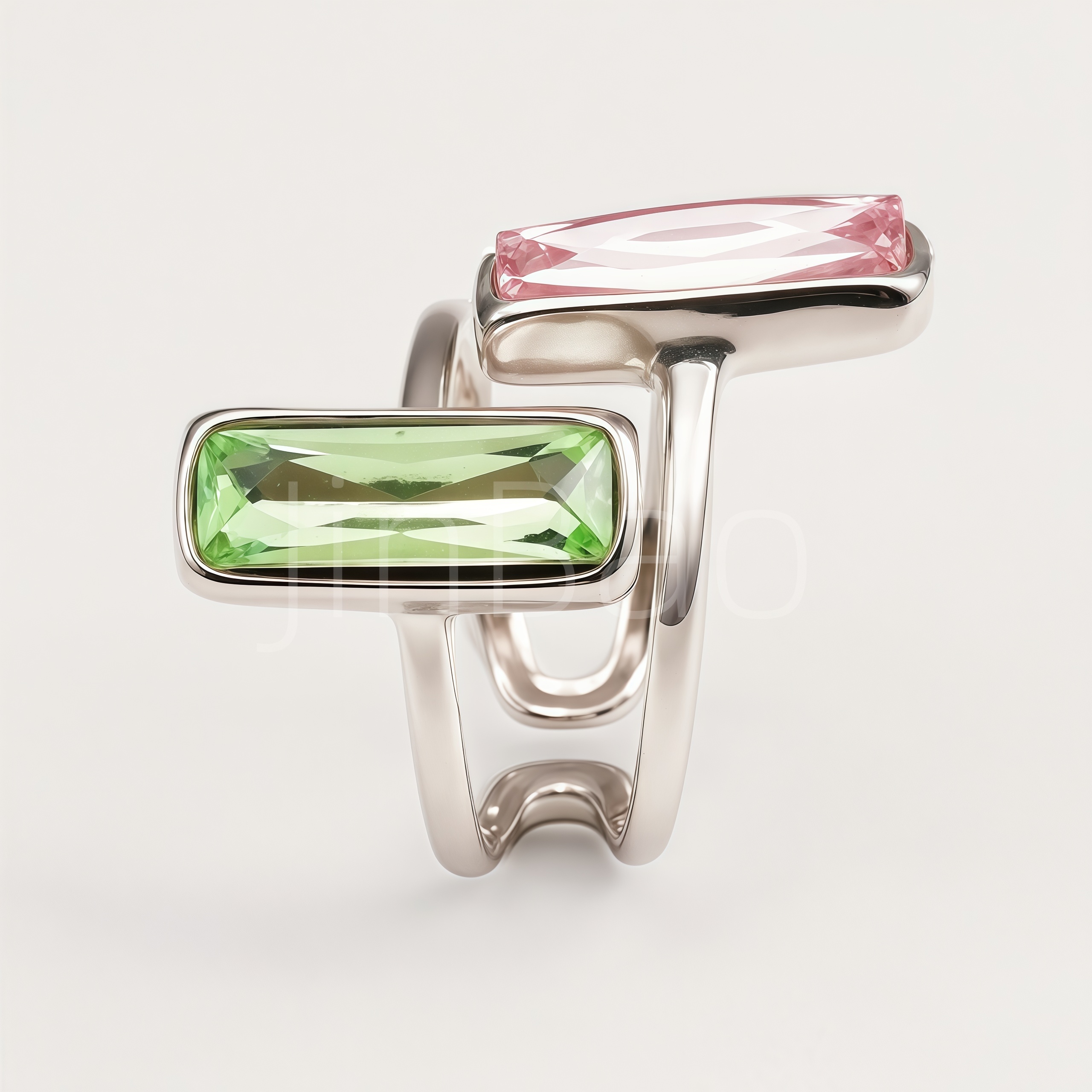 Pink & Green Rectangle CZ Dual Stone Bypass Open Ring for Women | N002793GQFV