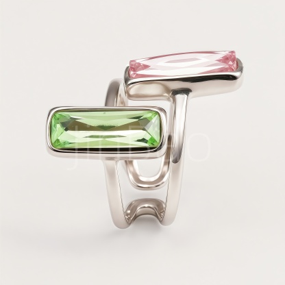 Pink & Green Rectangle CZ Dual Stone Bypass Open Ring for Women | N002793GQFV