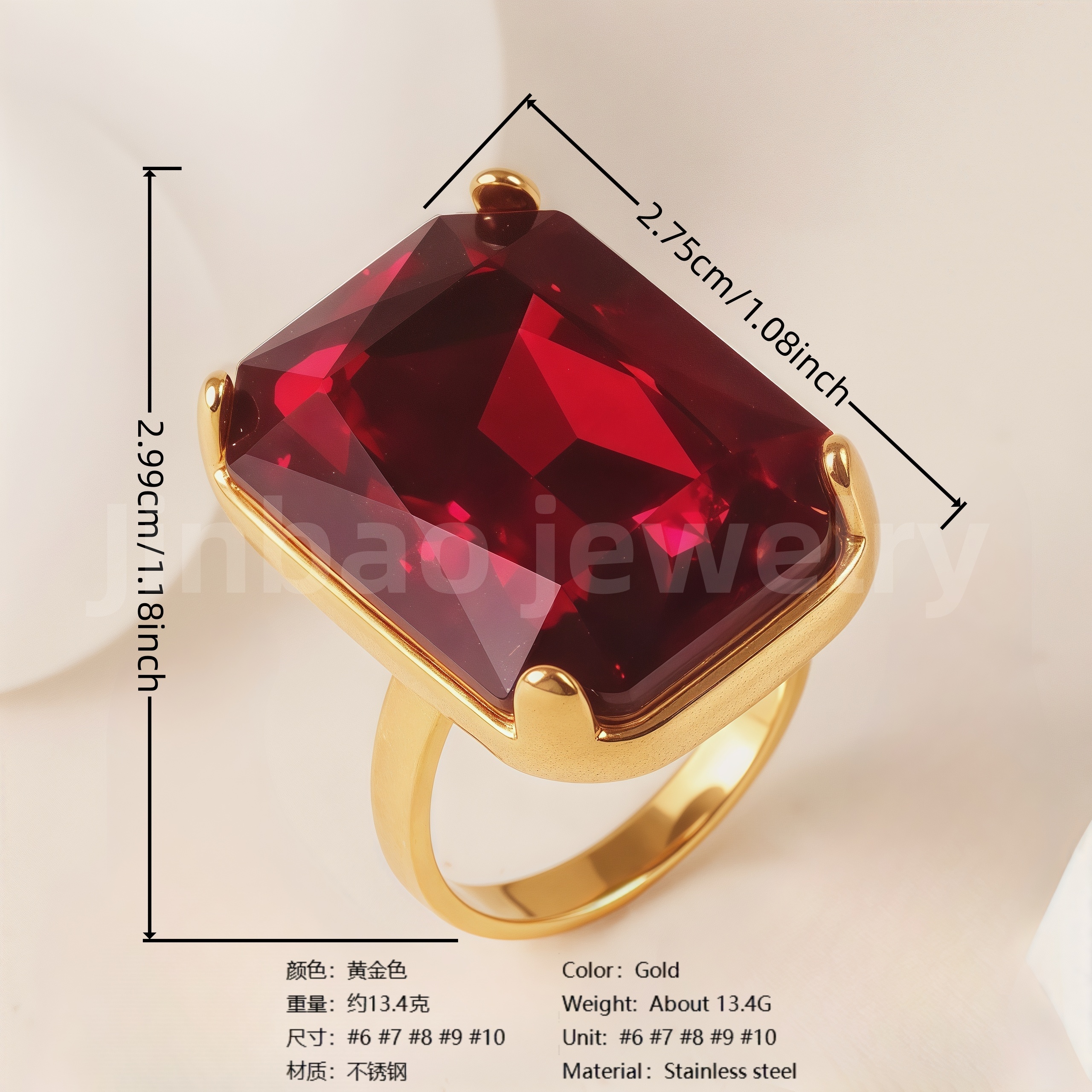 24-K Gold-Plated Stainless Steel Women's Waterproof Ring Set With Square Gems丨K002810-JinBaoJewerly