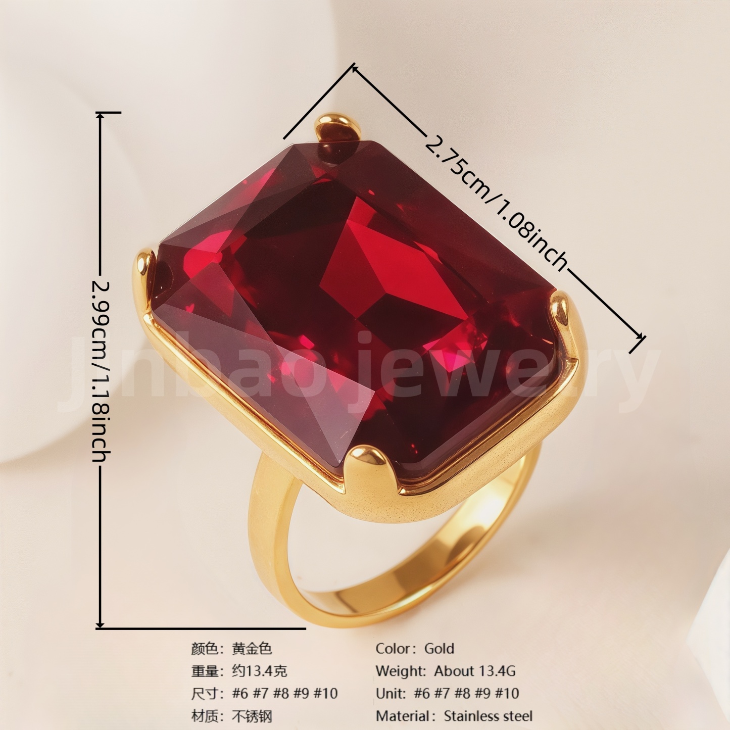 24-K Gold-Plated Stainless Steel Women's Waterproof Ring Set With Square Gems丨K002810-JinBaoJewerly