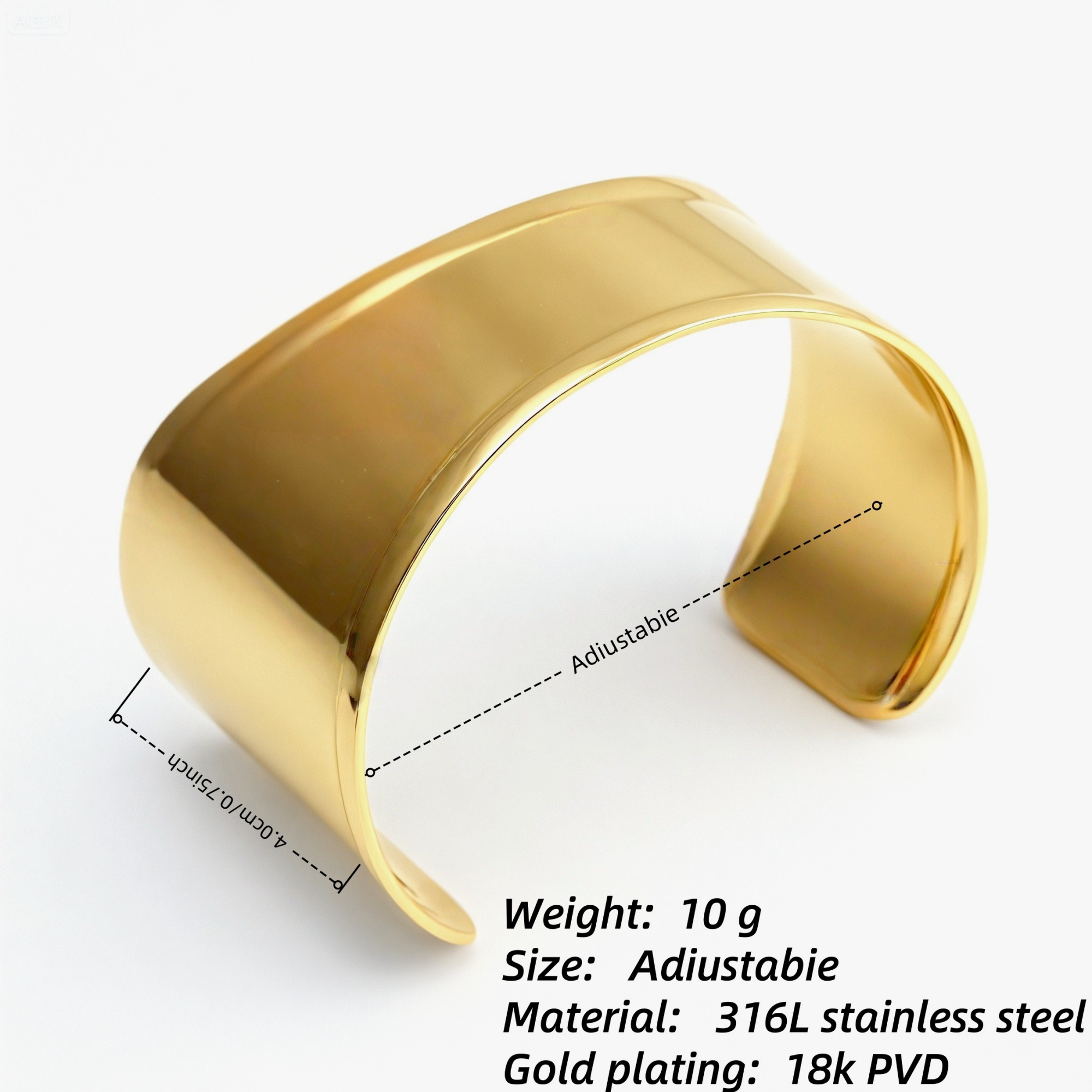 18K Gold Plated 316L Stainless Steel Smooth Wide Cuff Bracelet Waterproof | DZE0832-JinBaoJewerly