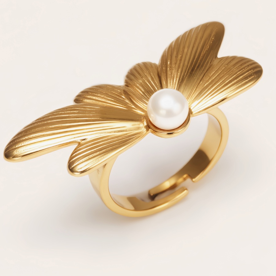 Gold Butterfly Pearl Women's Stainless Steel Ring | G005118J