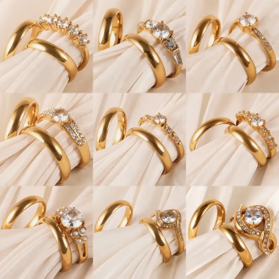 24K Gold-Plating Stainless Steel Luxury Crystal Wedding Waterproof Ring