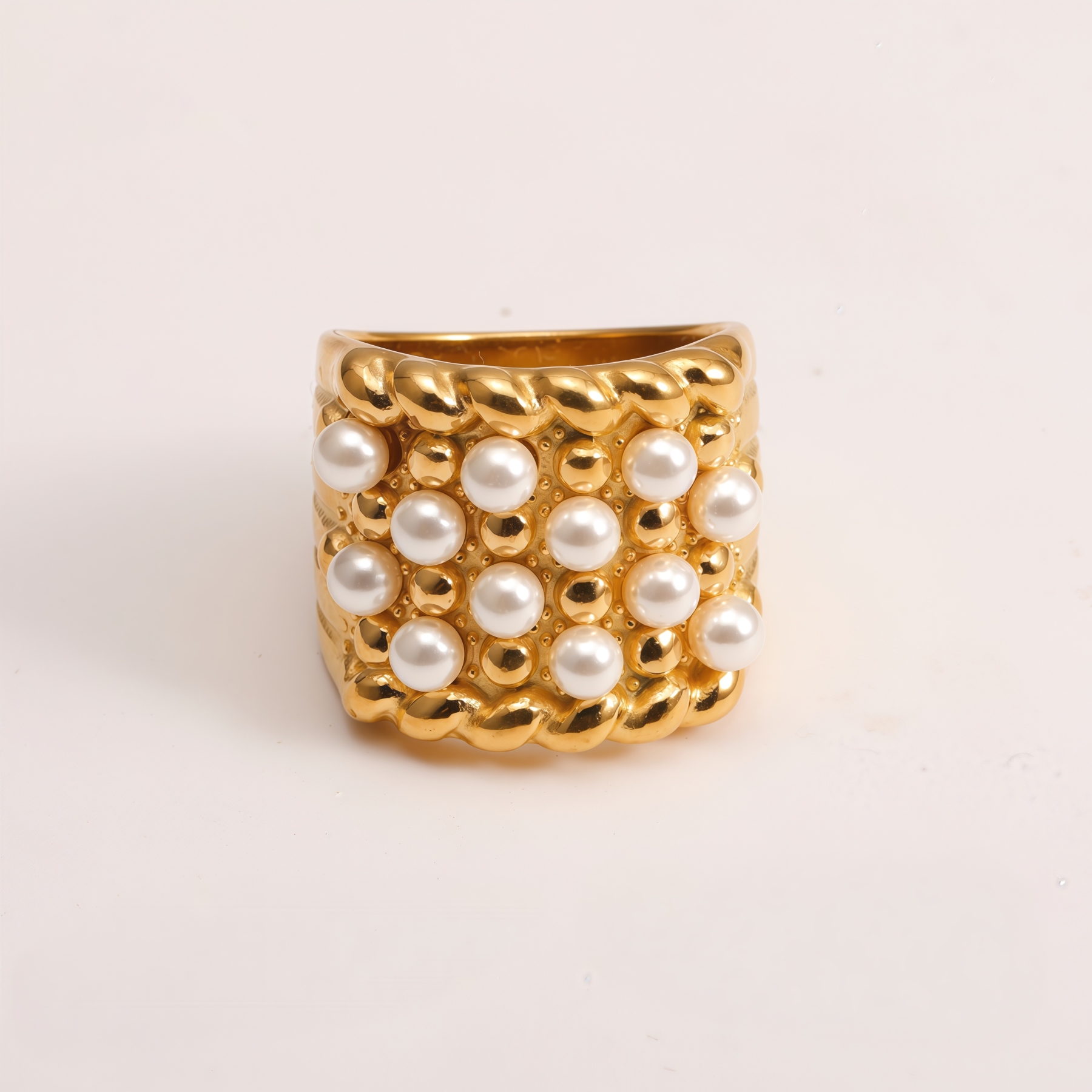 Gold Plated Stainless Steel Pearl Ring for Women, Vintage Inspired Wide Band Ring