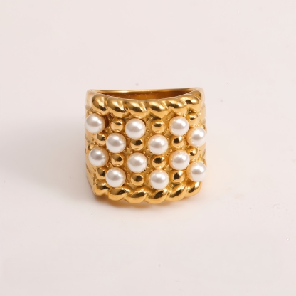 Gold Plated Stainless Steel Pearl Ring for Women, Vintage Inspired Wide Band Ring
