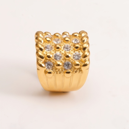 Gold Plated Crystal Studded Chunky Stainless Steel Ring, Retro Punk Statement Ring for Women