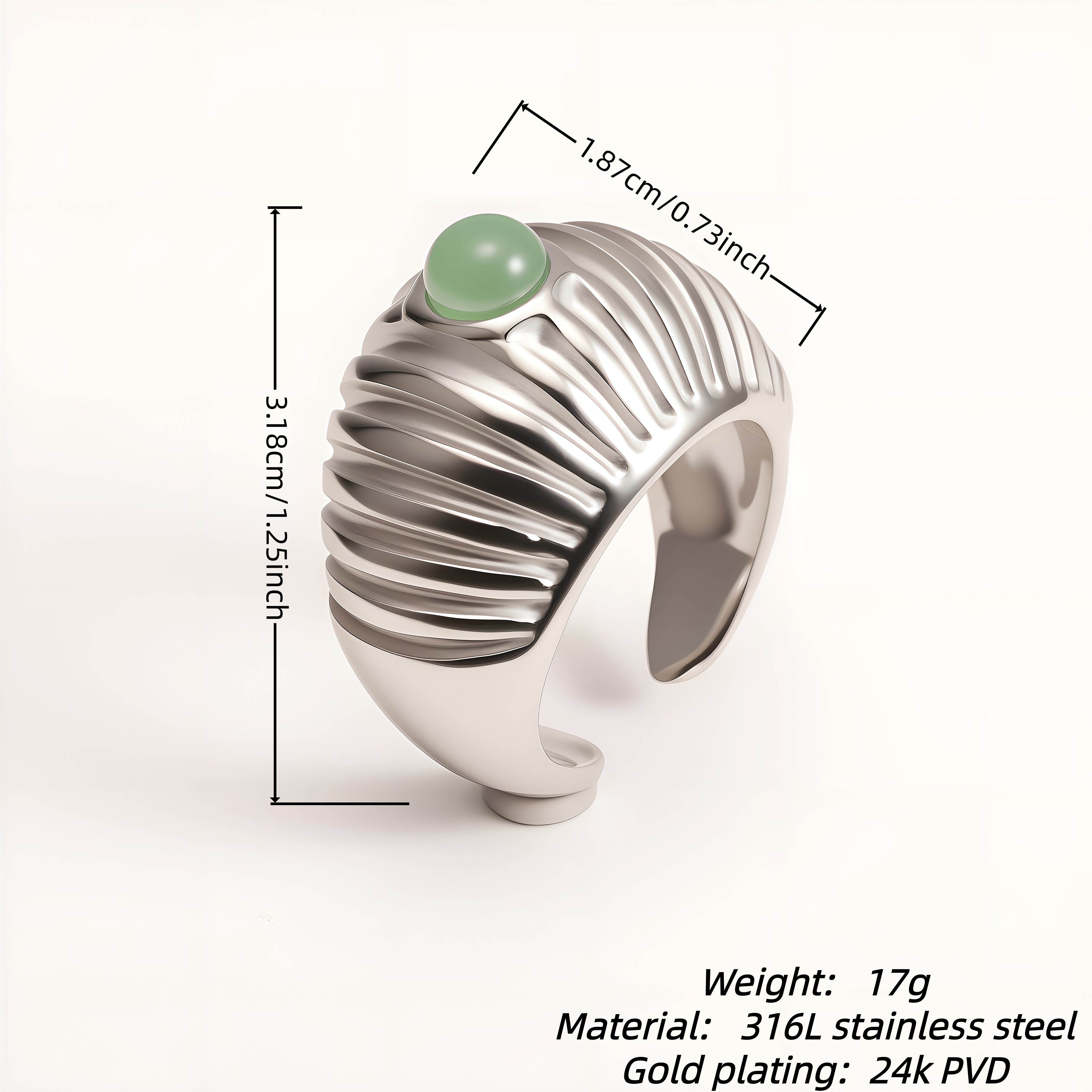 Women's Silver Stainless Steel Ring with Green Gemstone - Textured Adjustable Open Ring