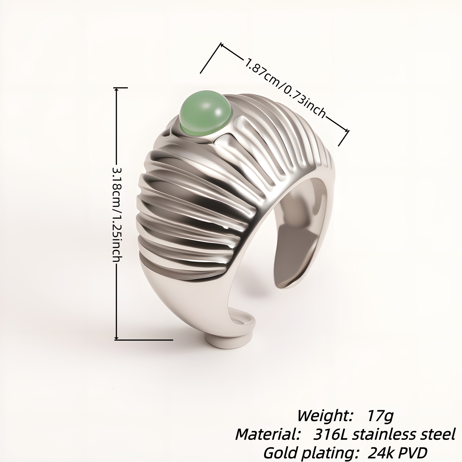 Women's Silver Stainless Steel Ring with Green Gemstone - Textured Adjustable Open Ring