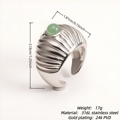 Women's Silver Stainless Steel Ring with Green Gemstone - Textured Adjustable Open Ring