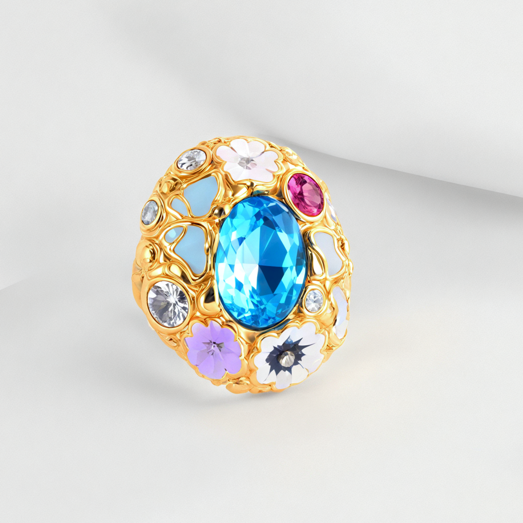 Colorful Gemstone Stainless Steel Ring with Floral Design Classic Fashion for Women | G004476-JinBaoJewerly