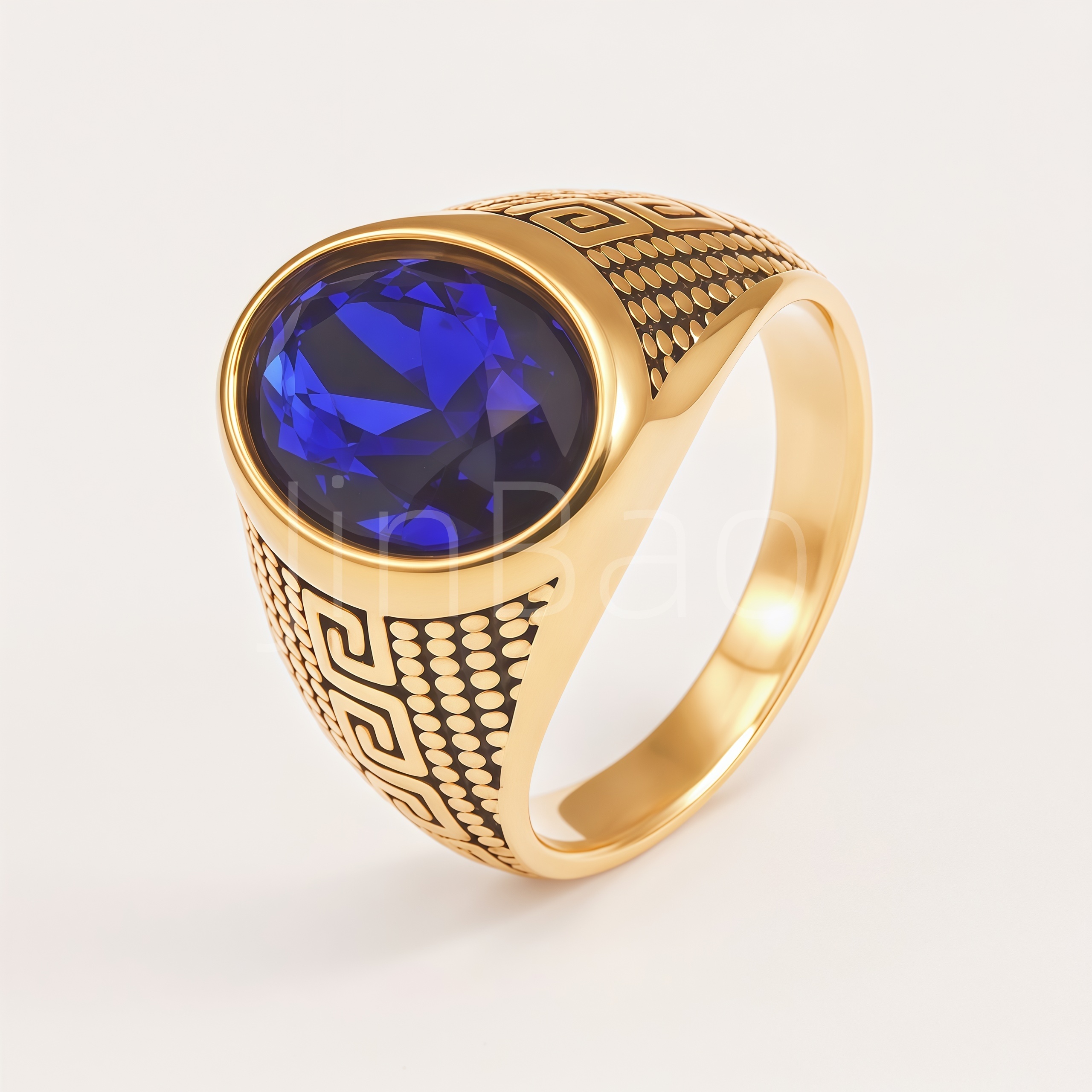 Retro Greek Key Oval Gemstone Men Signet Ring | B0137