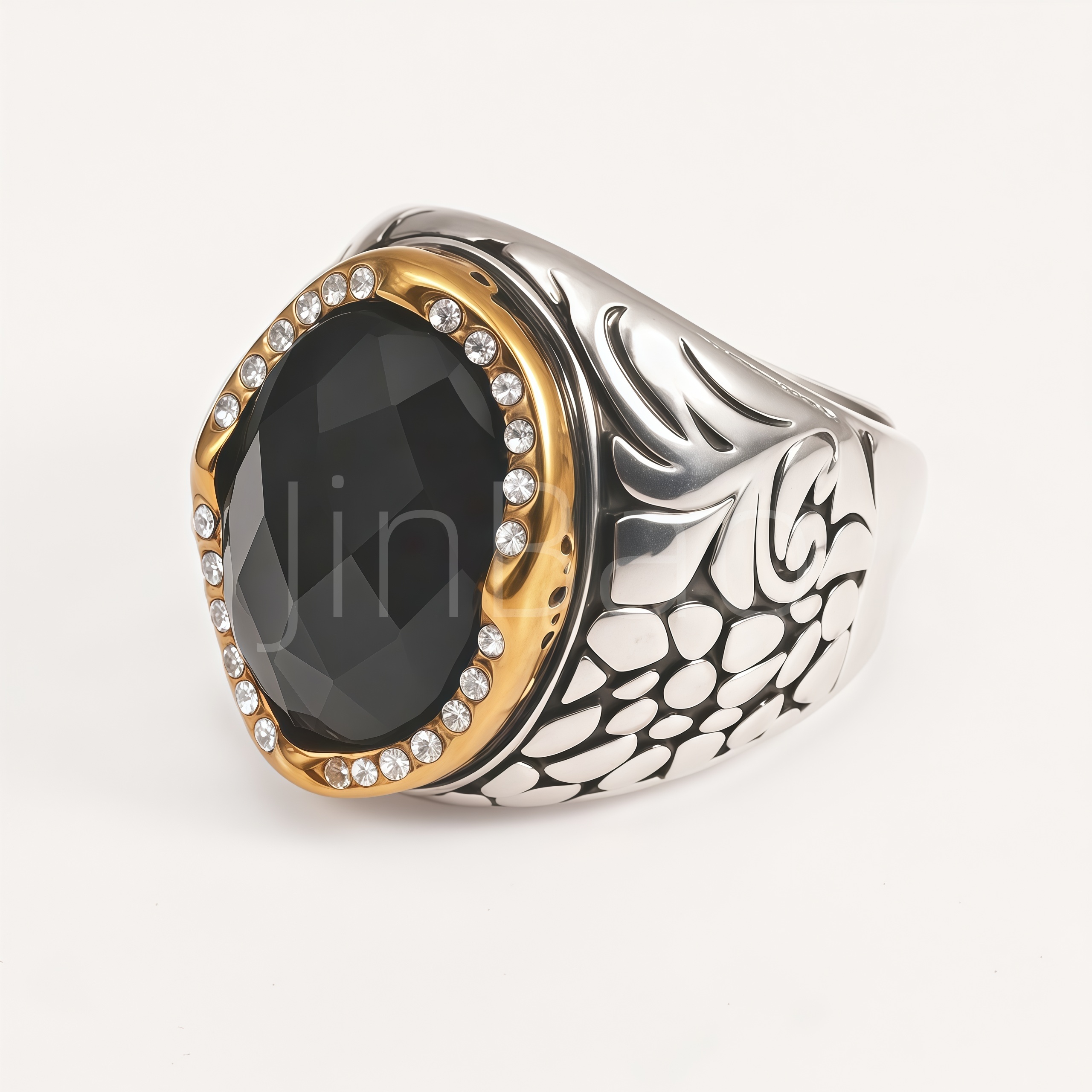 Vintage Engraved Black Gemstone CZ Men Signet Ring | B210