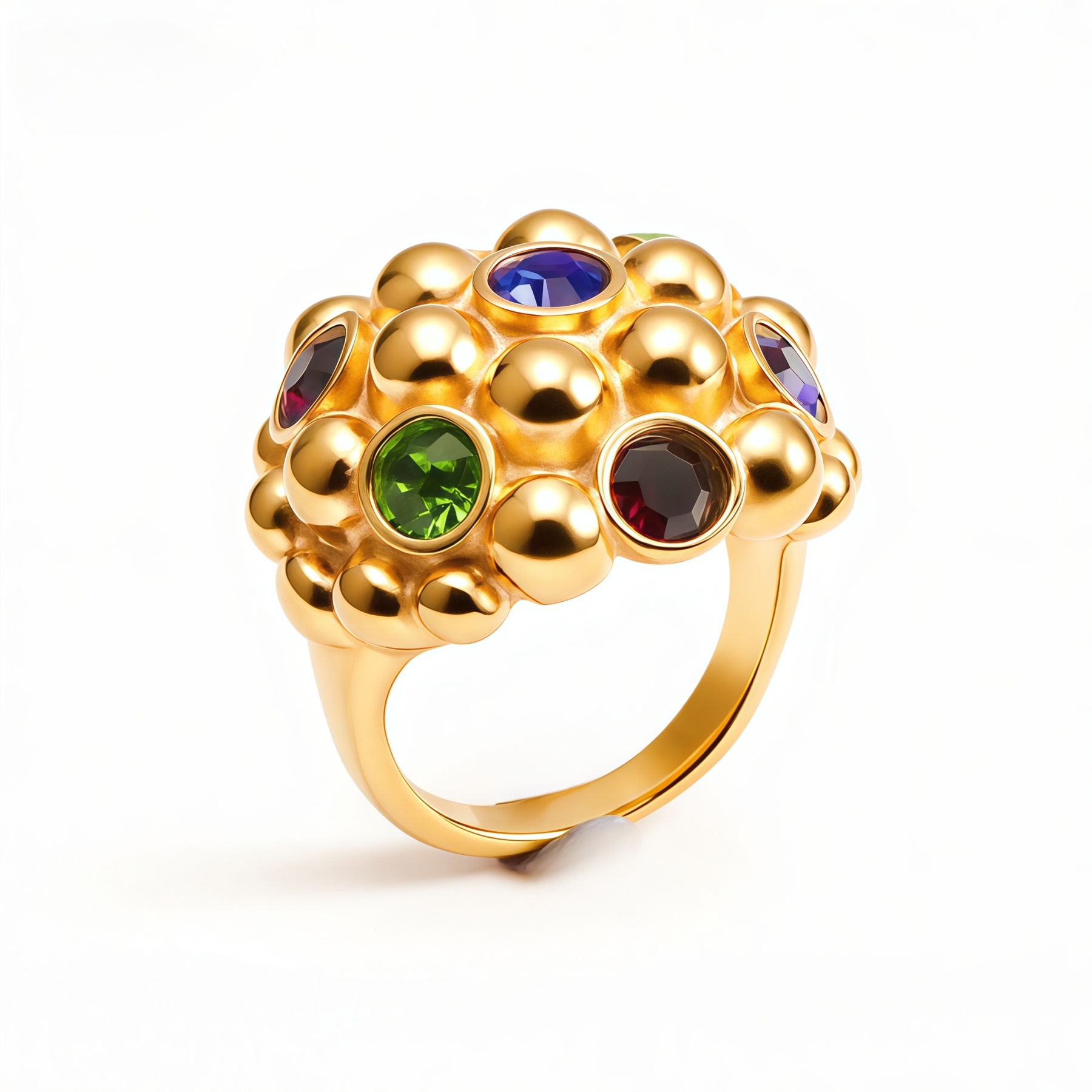 Gold - Plated Stainless Steel Bubble Design Statement Ring for Women with Multicolor Gemstones