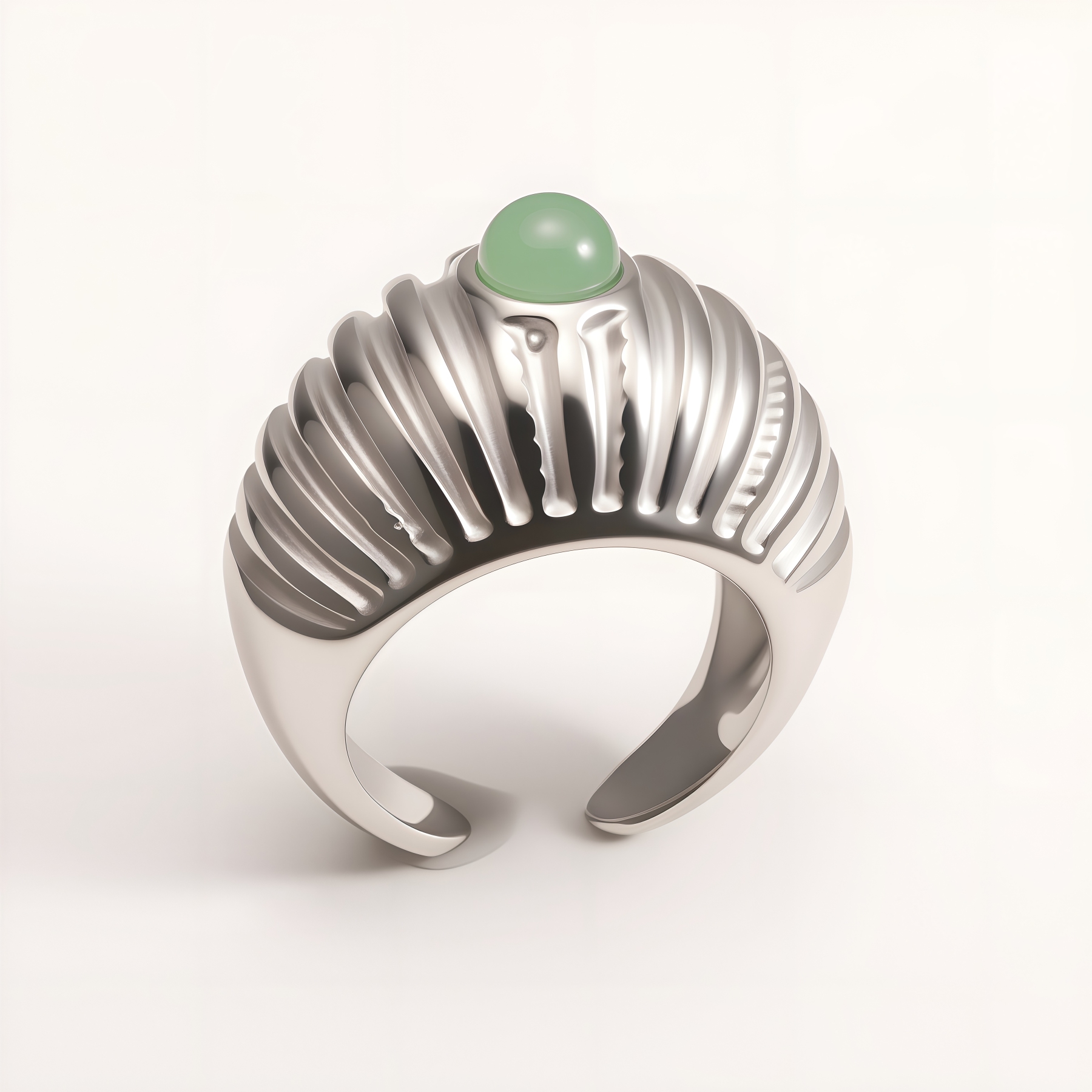 Women's Silver Stainless Steel Ring with Green Gemstone - Textured Adjustable Open Ring