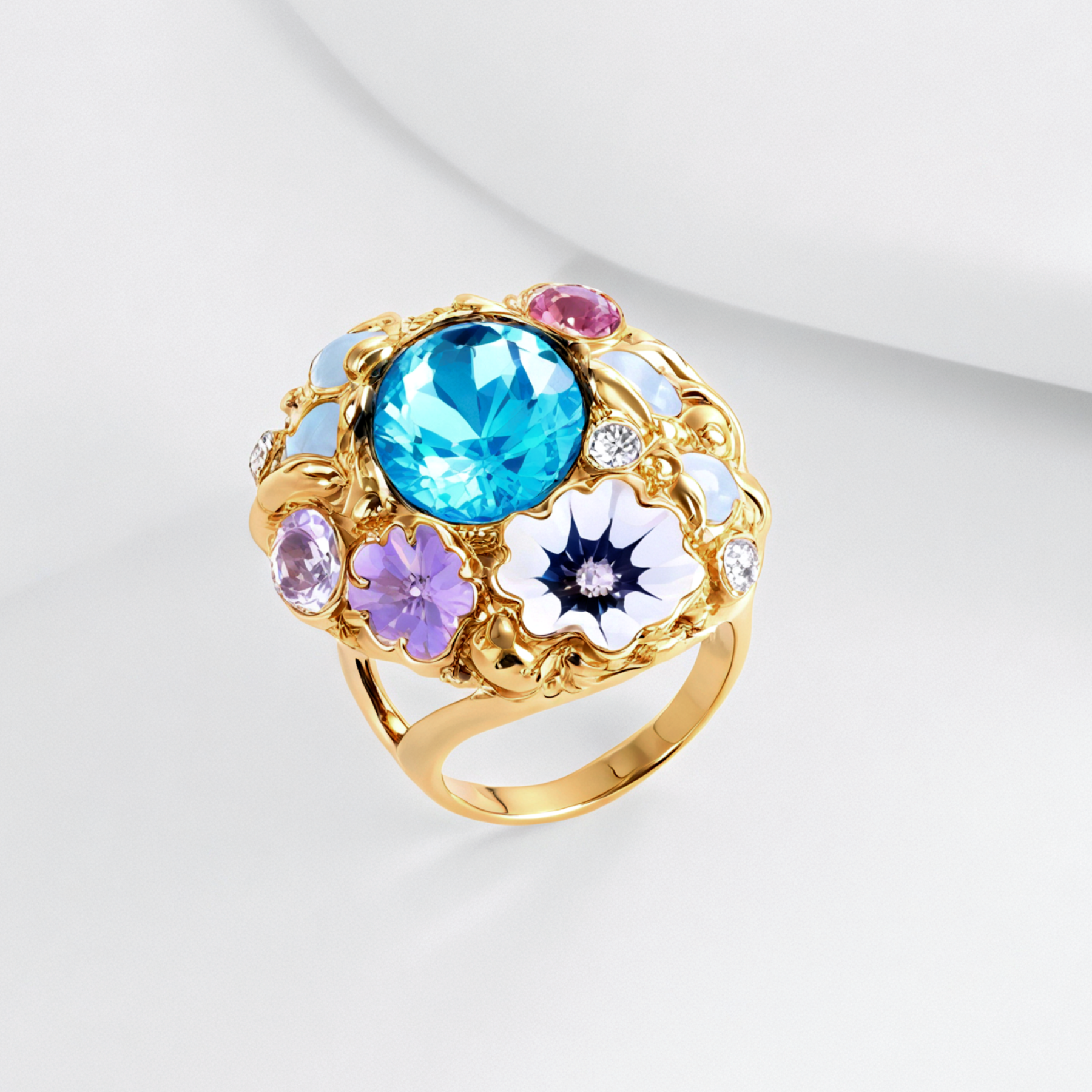 Colorful Gemstone Stainless Steel Ring with Floral Design Classic Fashion for Women | G004476-JinBaoJewerly
