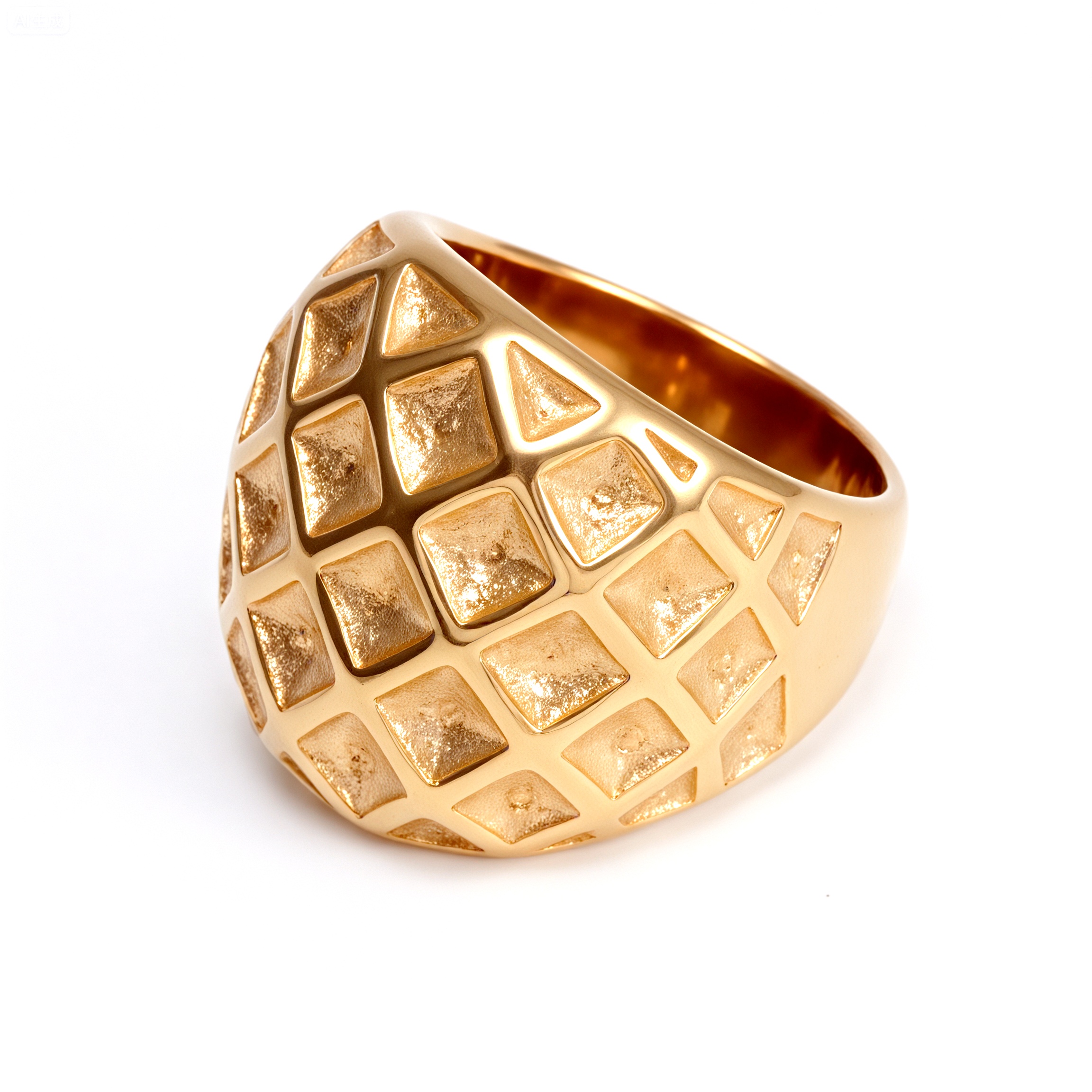 Grid Pattern Statement Ring, Stainless Steel Gold Plated, Retro Art Women's Ring | G003671-JinBaoJewerly