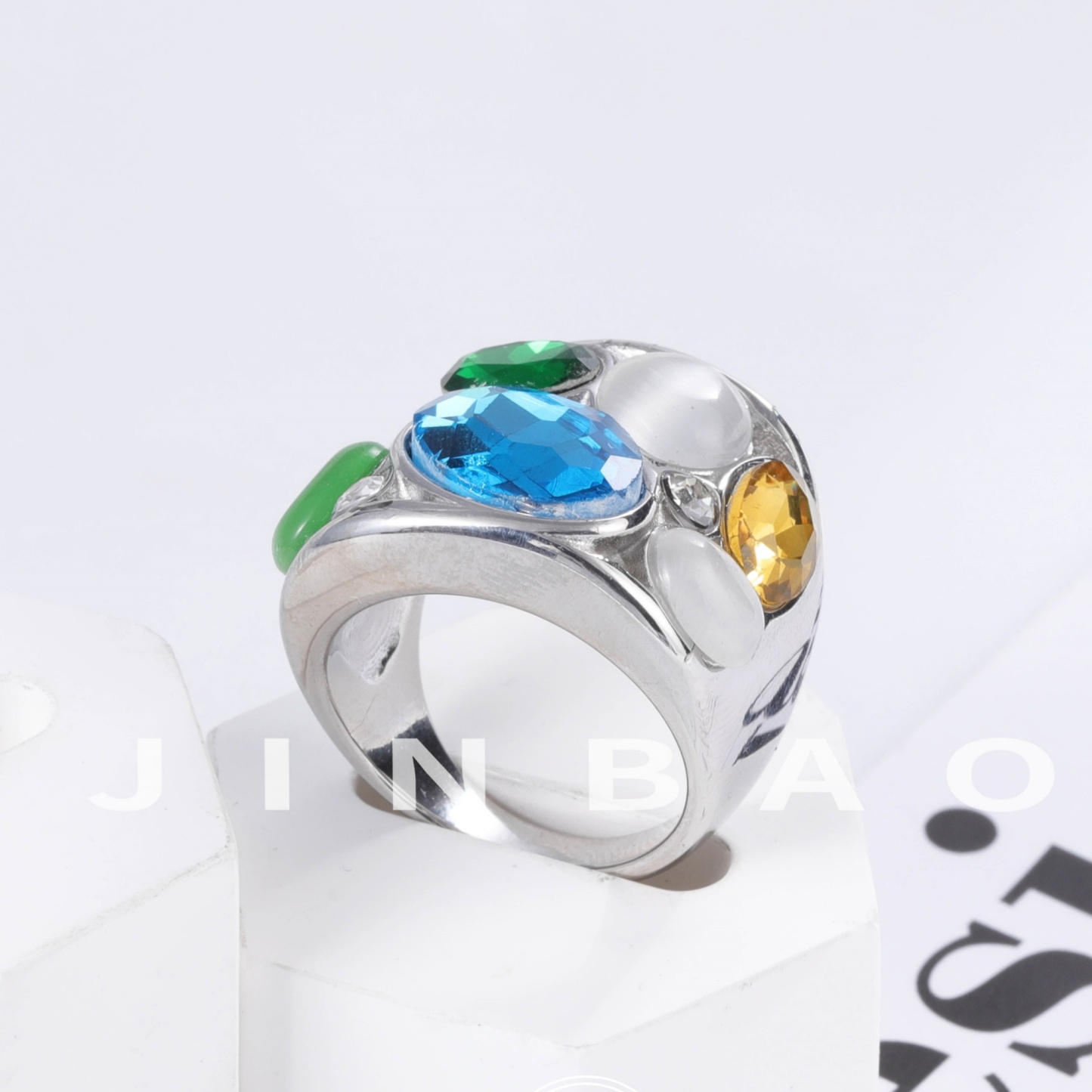 Colorful Stainless Steel Gemstone Ring Classic Fashion Women Ring | G004645-JinBaoJewerly