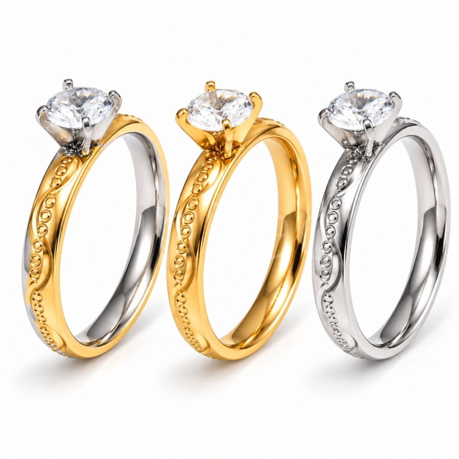 Solitaire with Beaded Band Detail Two-Tone Metal Finish Stainless Steel Multicolor Ring C015