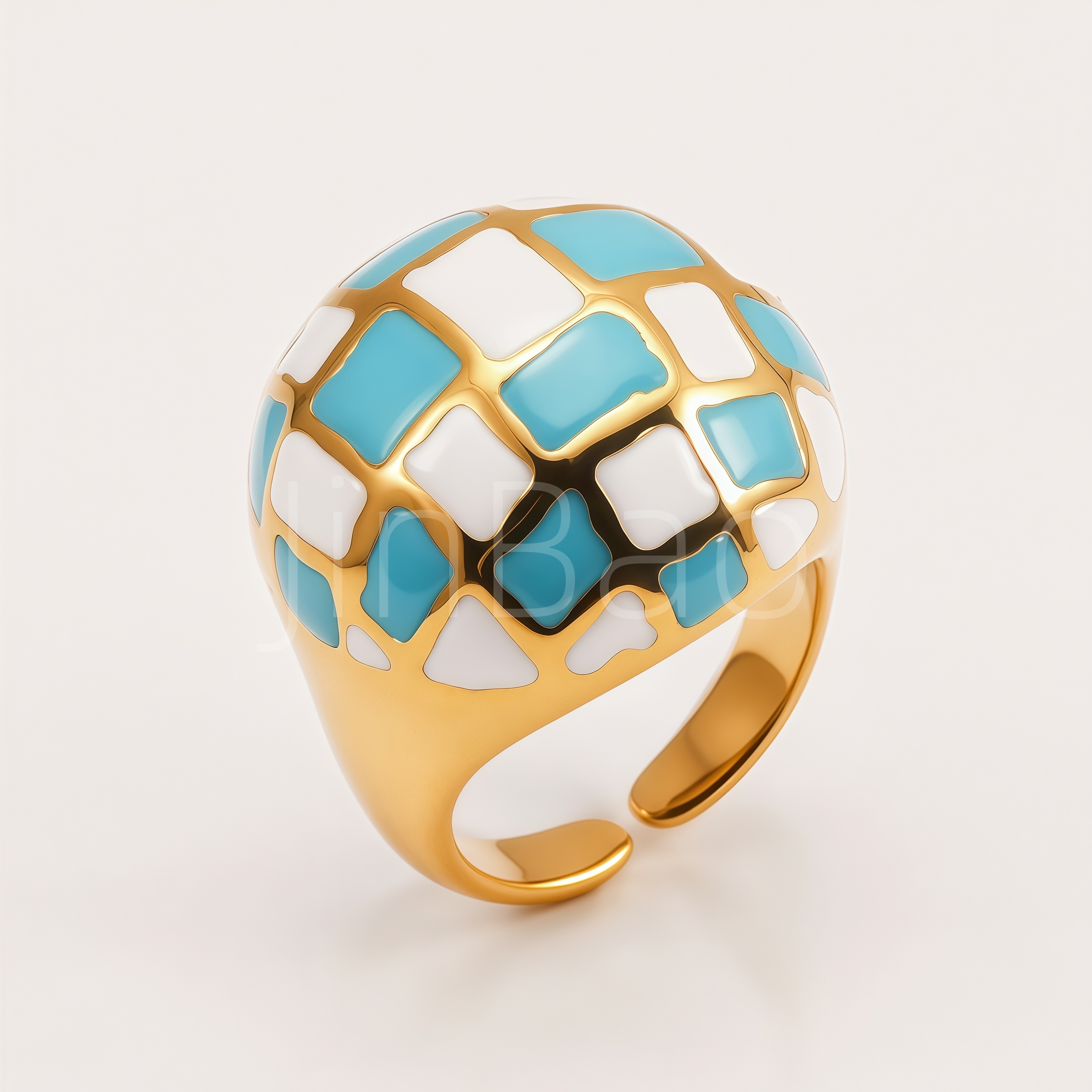 Chunky Blue‑White Checkerboard Enamel Women Ring | E00564