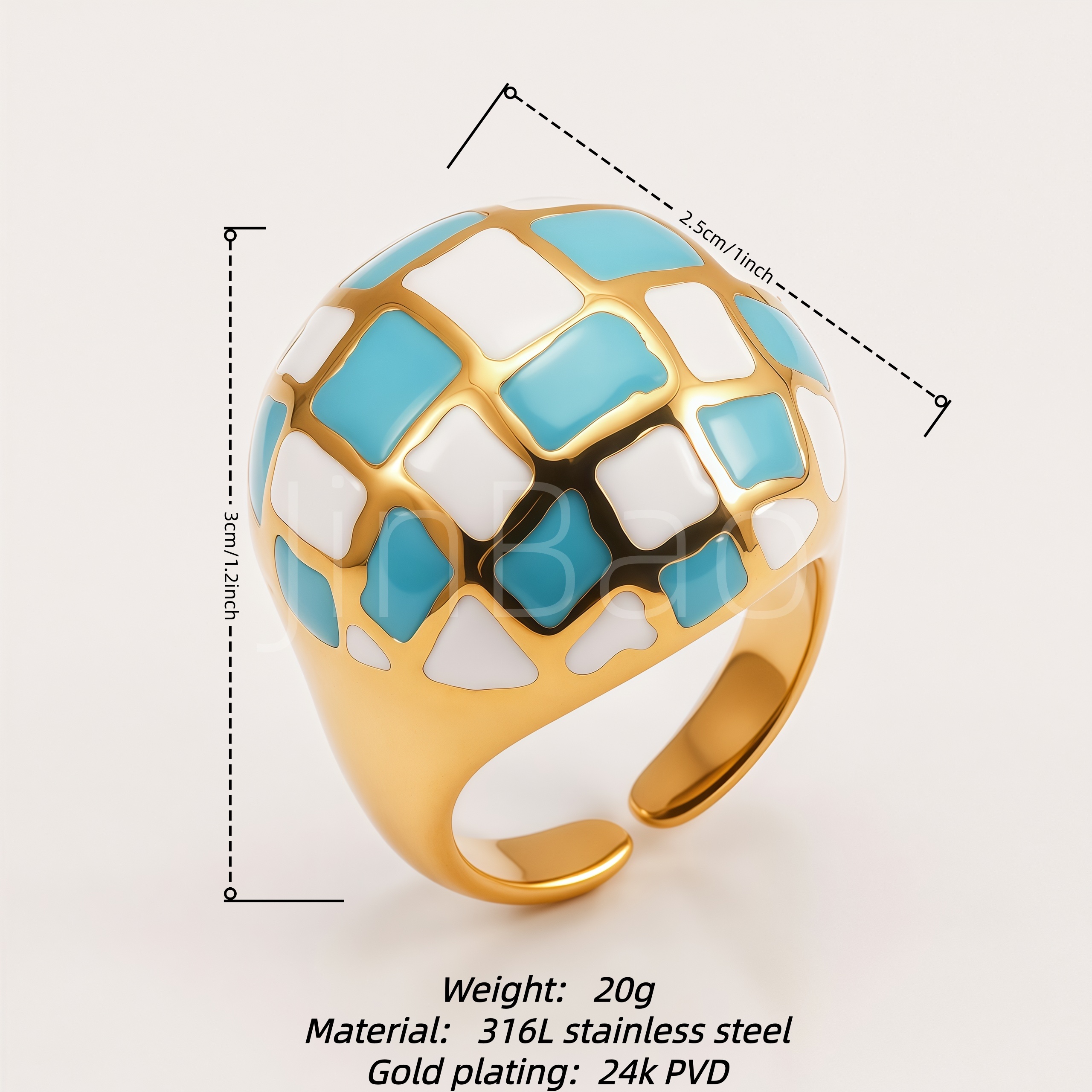 Chunky Blue‑White Checkerboard Enamel Women Ring | E00564