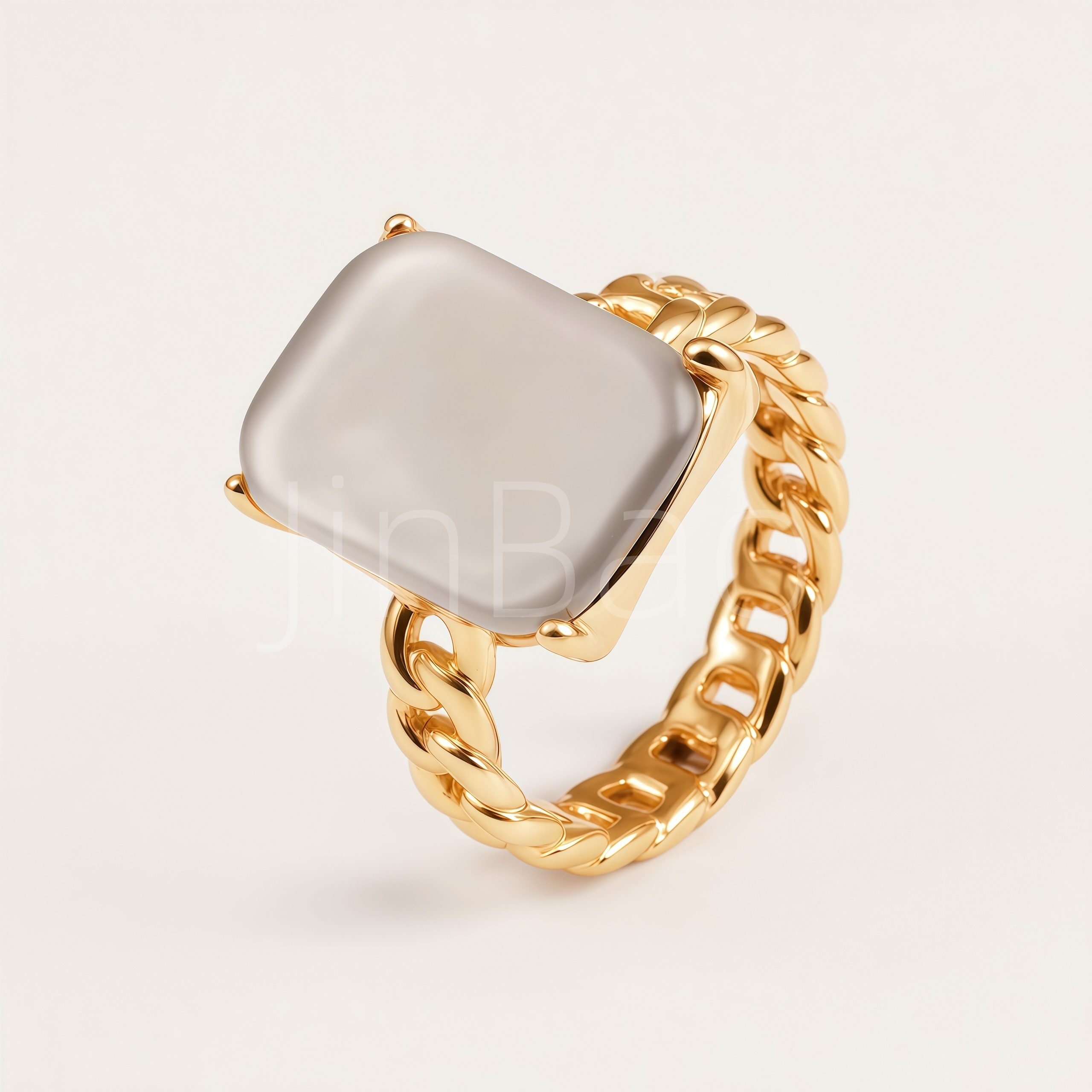 Square Grey Cat's Eye Stone Curb Chain Women's Ring | E00549