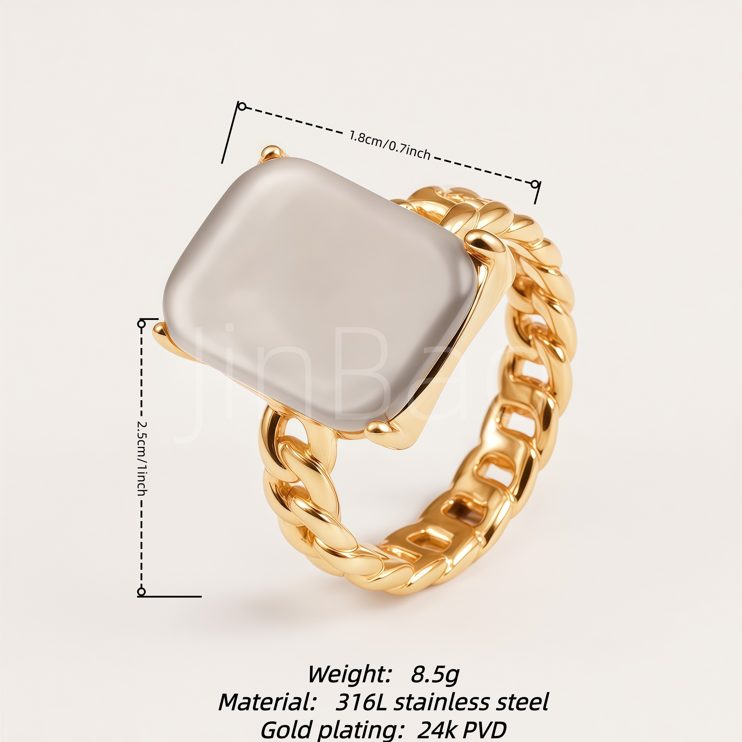 Square Grey Cat's Eye Stone Curb Chain Women's Ring | E00549