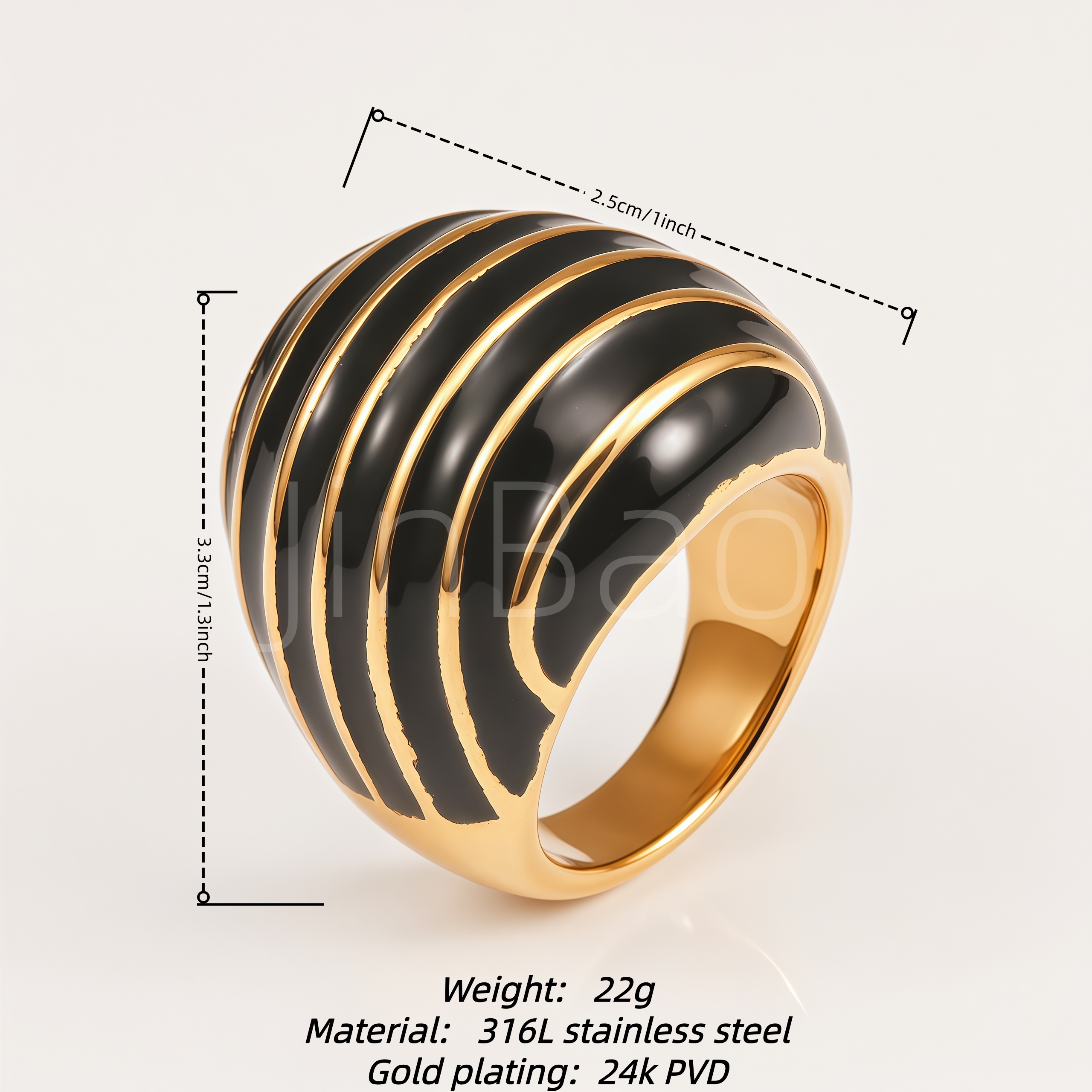 Curved Striped Black Enamel Dome Women's Ring | E00545