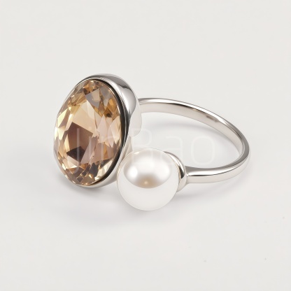 Champagne Crystal & Pearl Dual Gem Silver Cocktail Women's Ring | N002815