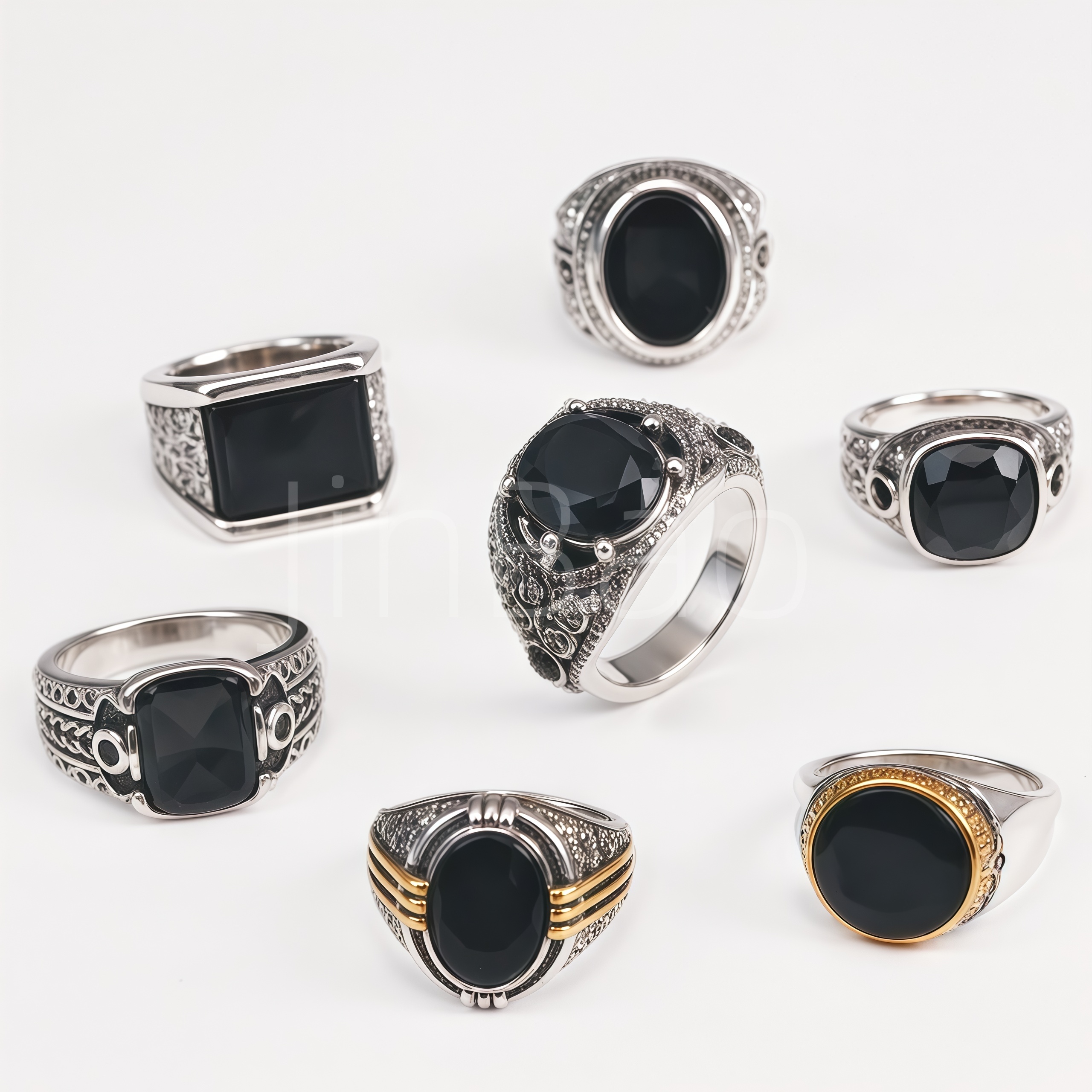 Vintage Engraved Black Zircon Men Signet Ring Assorted Set