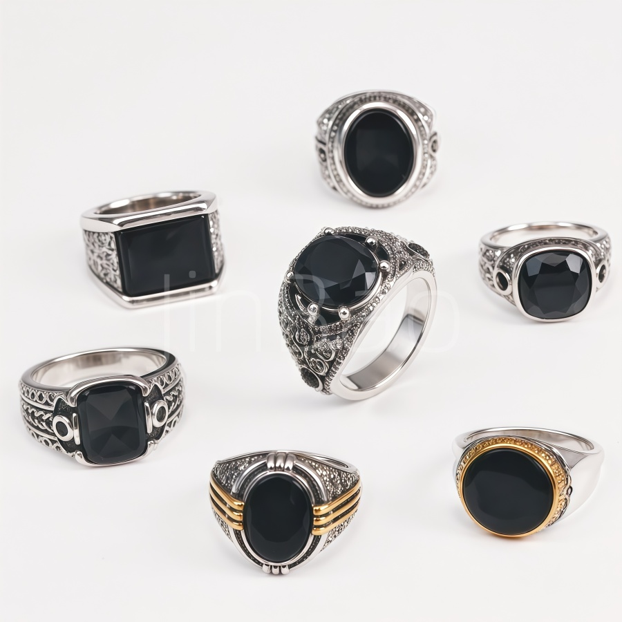 Vintage Engraved Black Zircon Men Signet Ring Assorted Set