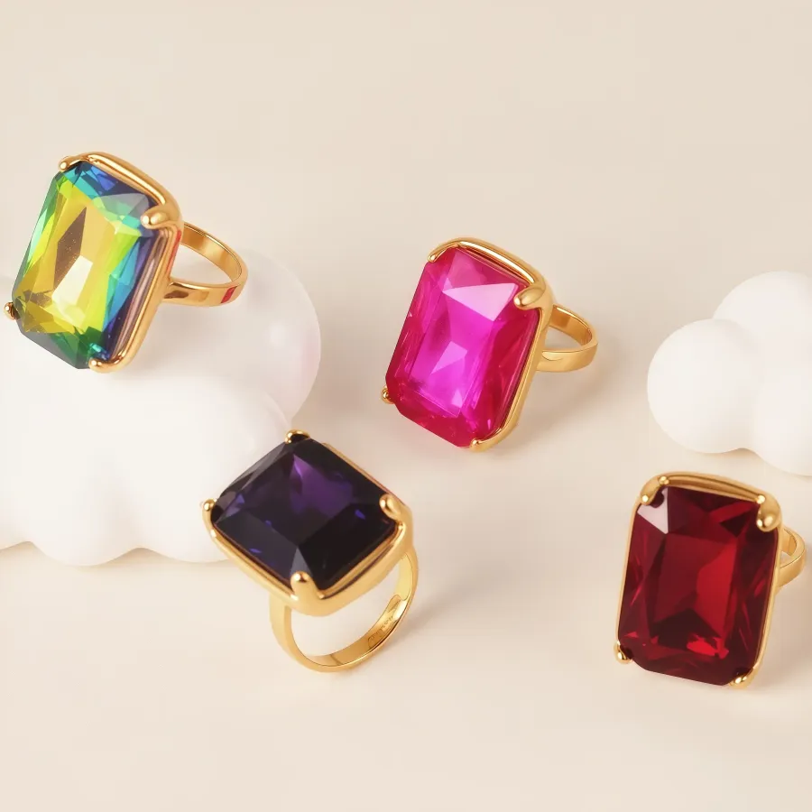 24-K Gold-Plated Stainless Steel Women's Waterproof Ring Set With Square Gems丨K002810